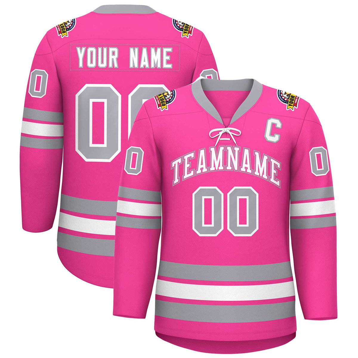 Custom Pink White-Gray Lace-Up Neck Hockey Jersey | KXKSHOP