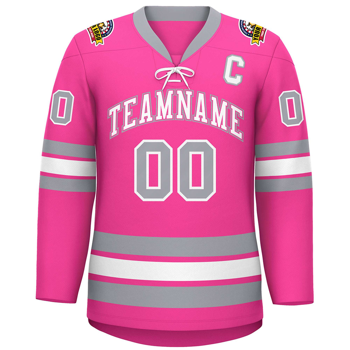 Custom Pink White-Gray Lace-Up Neck Hockey Jersey | KXKSHOP