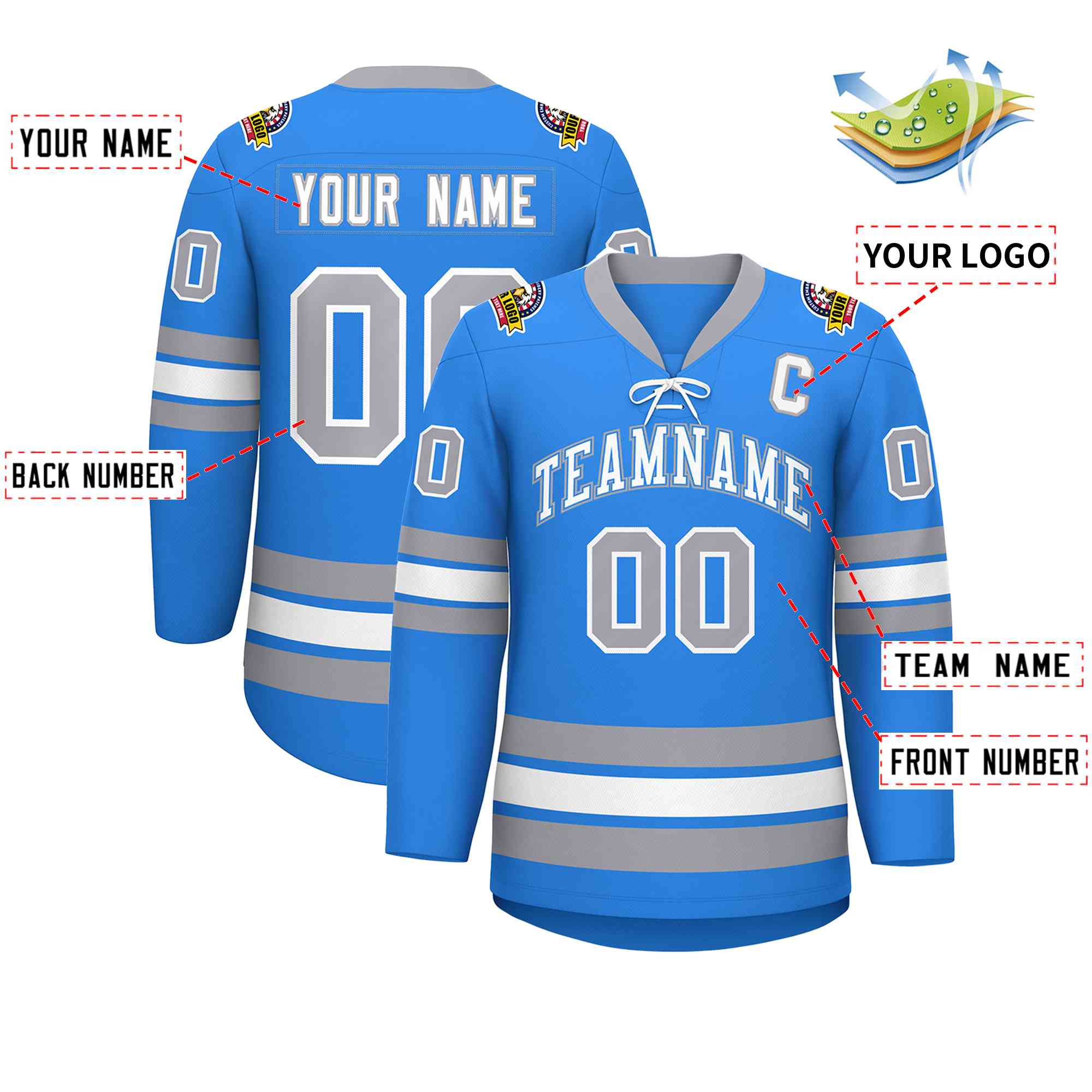 Custom Powder Blue White-Gray Lace-Up Neck Hockey Jersey | KXKSHOP