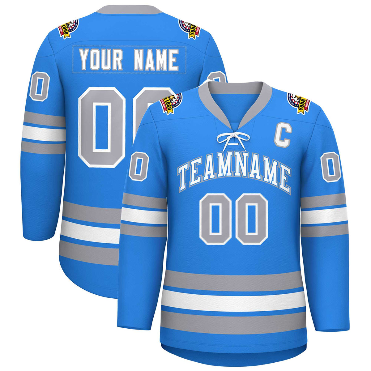 Custom Powder Blue White-Gray Lace-Up Neck Hockey Jersey | KXKSHOP