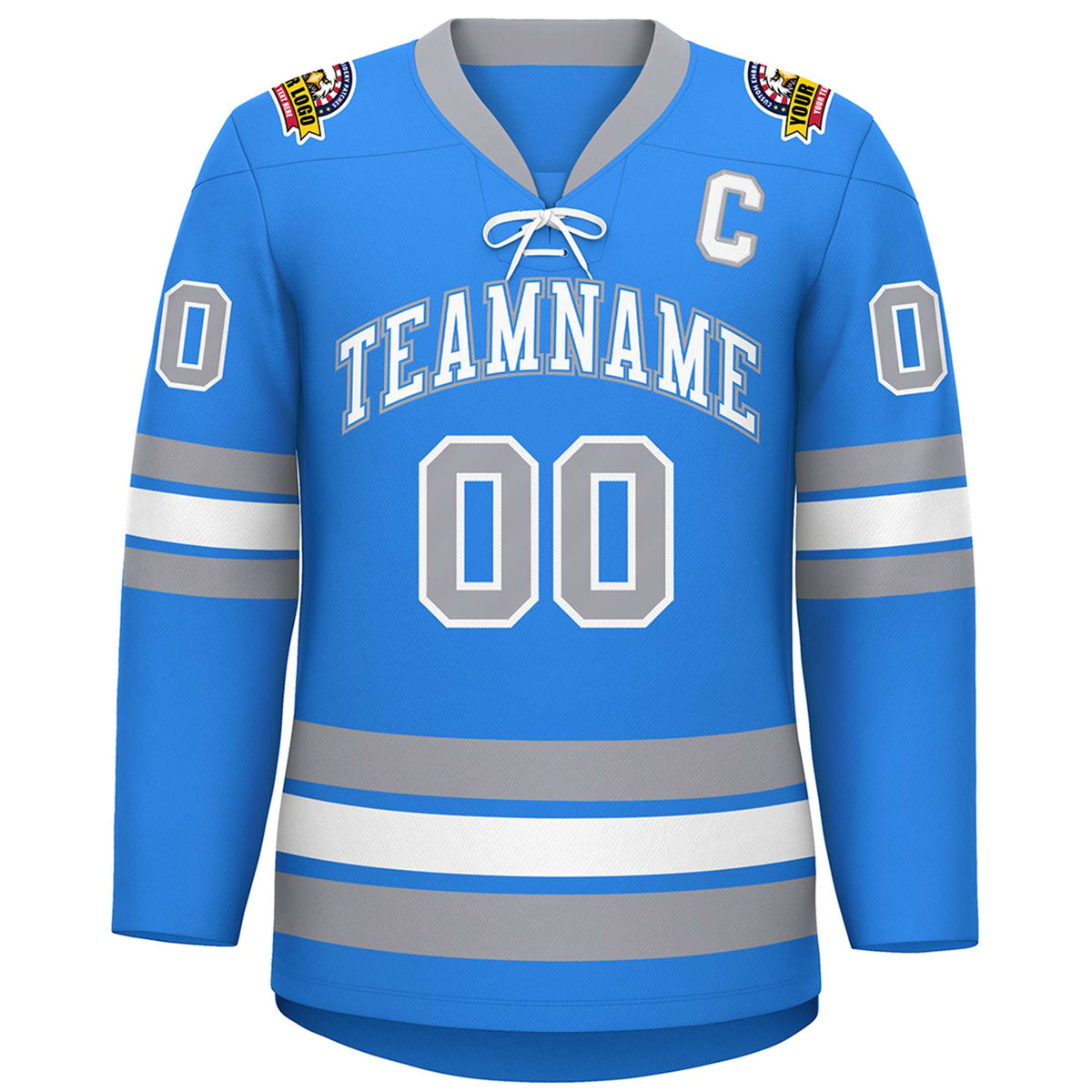 Custom Powder Blue White-Gray Lace-Up Neck Hockey Jersey | KXKSHOP