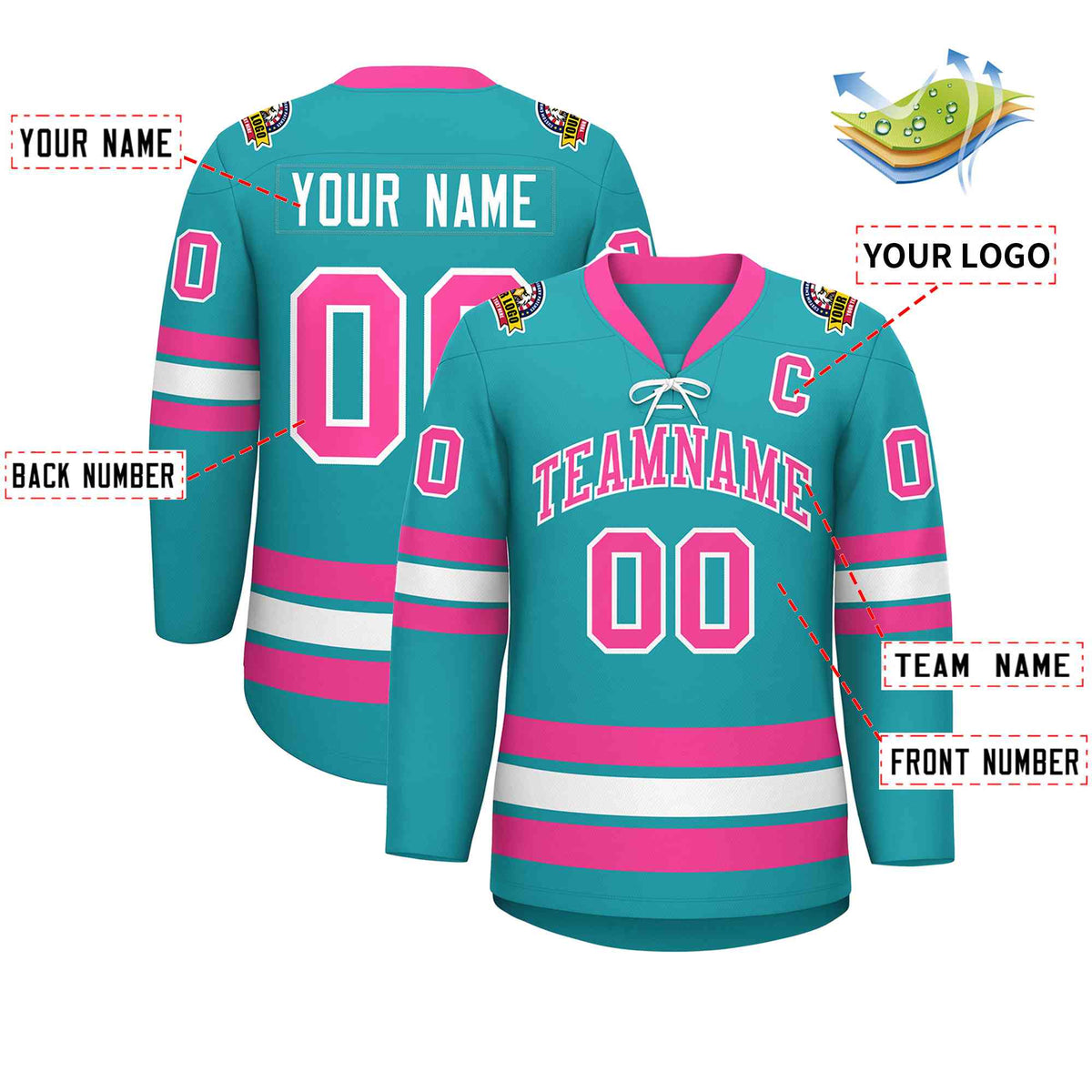 Custom Aqua Pink-White Lace-Up Neck Hockey Jersey | KXKSHOP