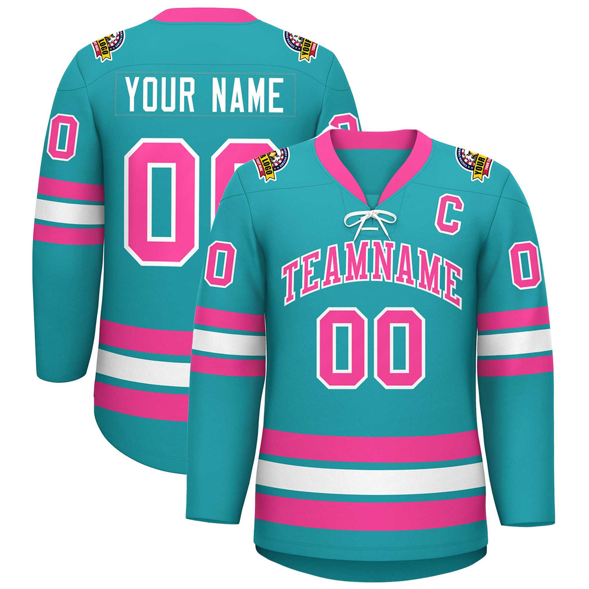 Custom Aqua Pink-White Lace-Up Neck Hockey Jersey | KXKSHOP