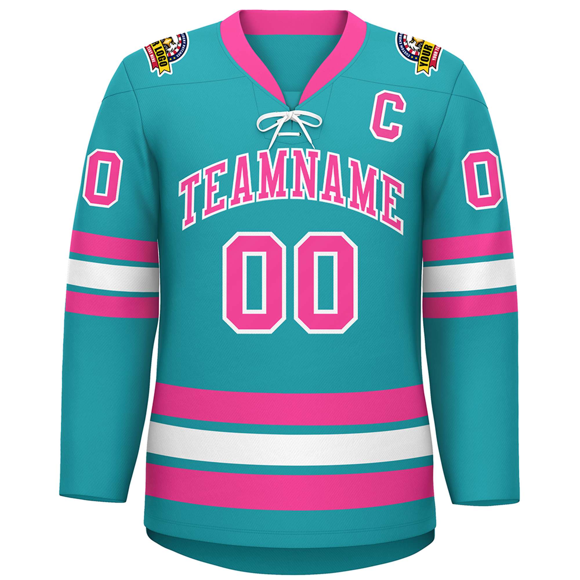 Custom Aqua Pink-White Lace-Up Neck Hockey Jersey | KXKSHOP