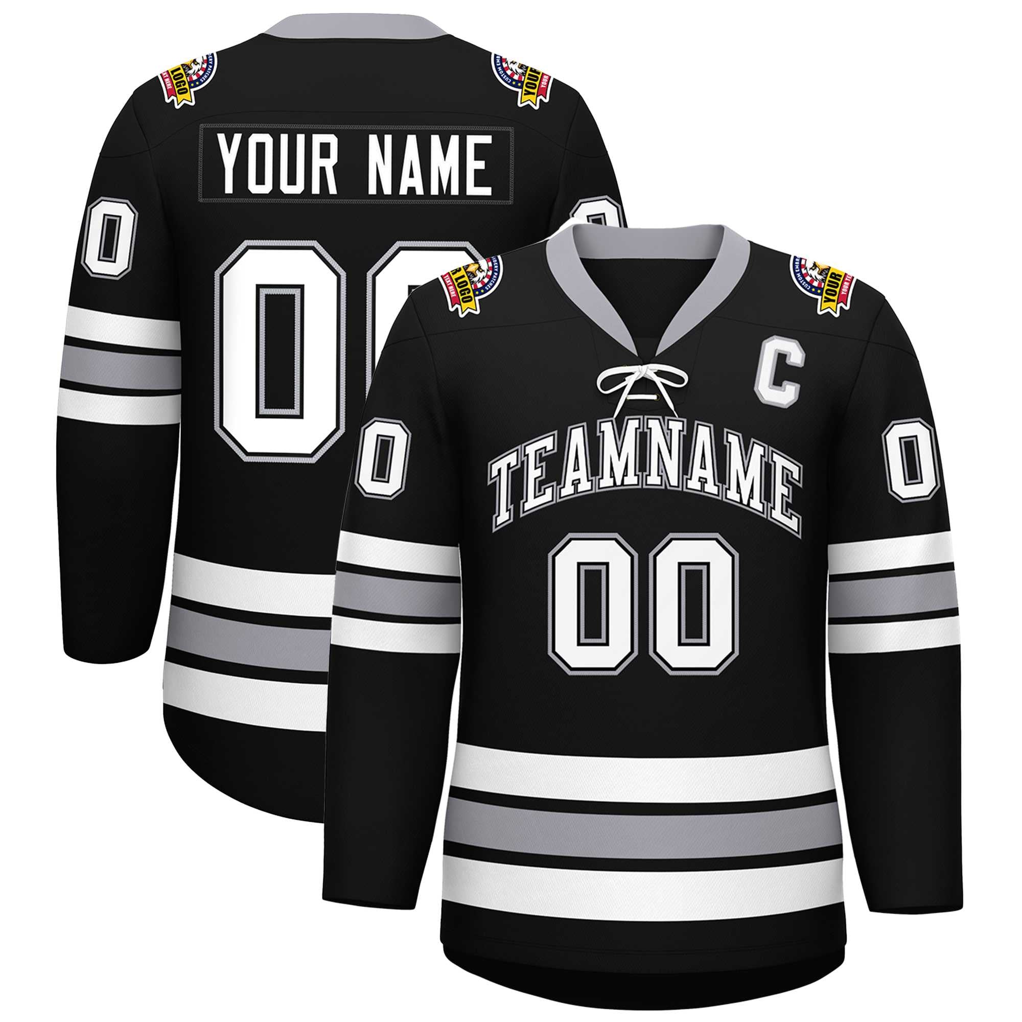 Custom Black White-Gray Lace-Up Neck Hockey Jersey | KXKSHOP