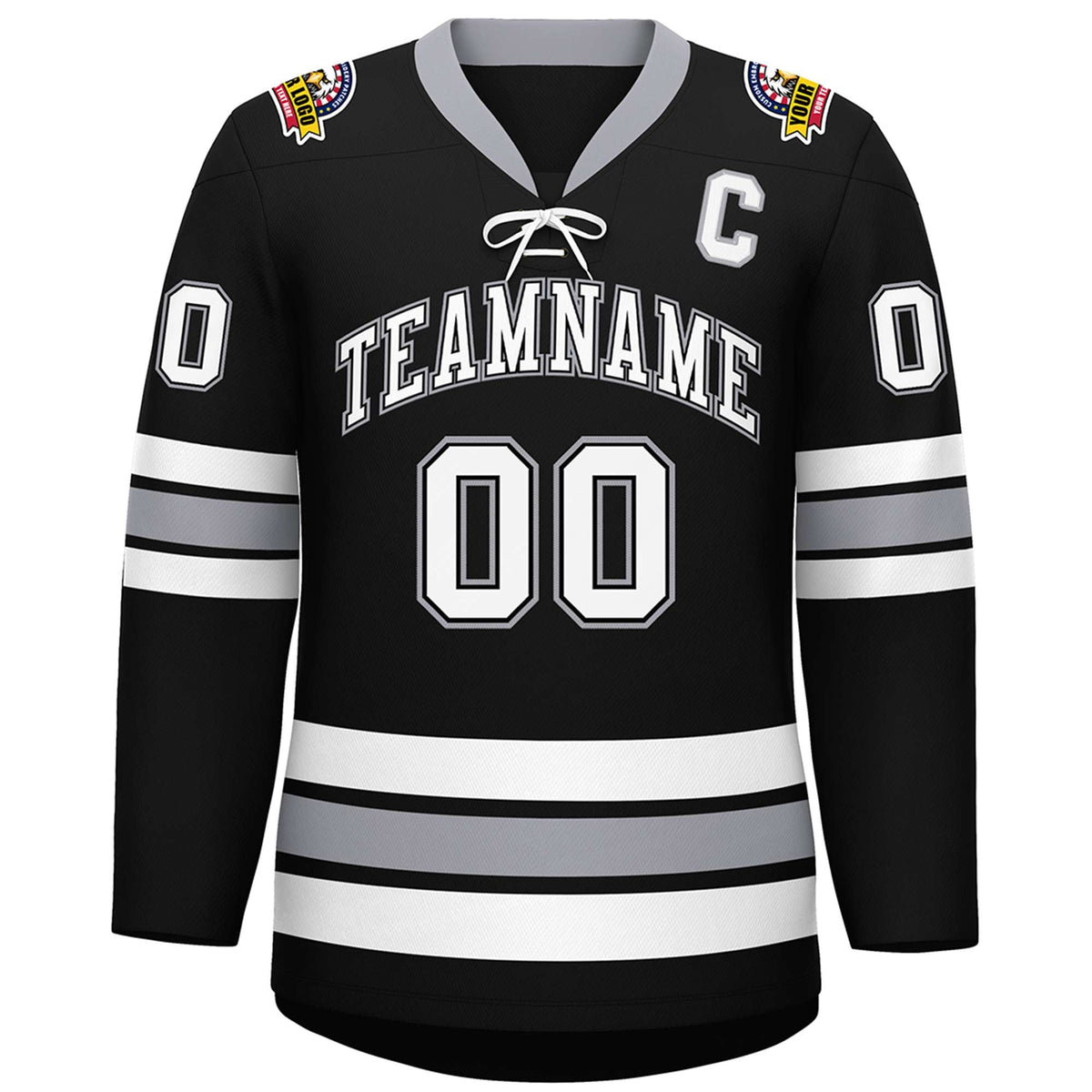 Custom Black White-Gray Lace-Up Neck Hockey Jersey | KXKSHOP