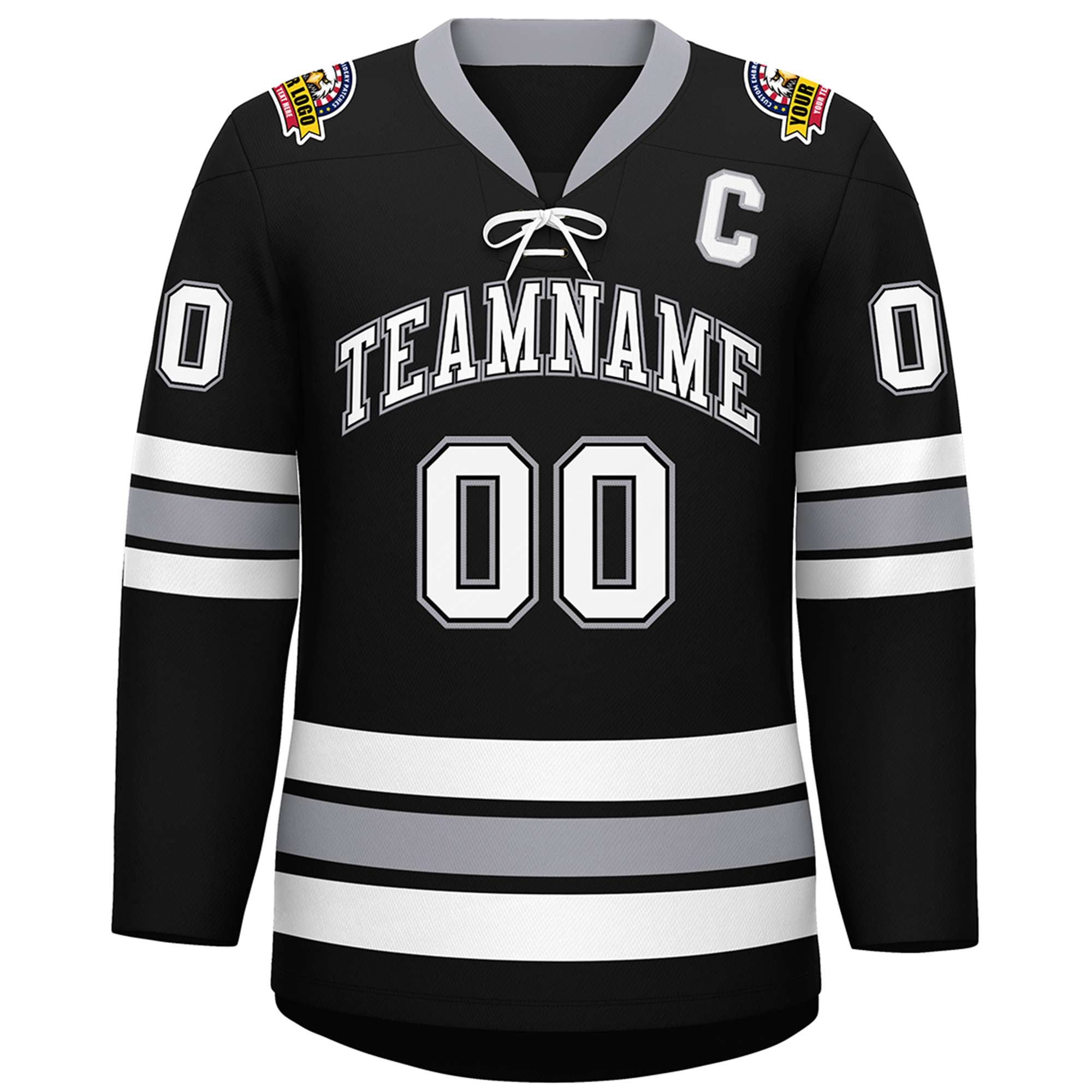 Custom Black White-Gray Lace-Up Neck Hockey Jersey | KXKSHOP