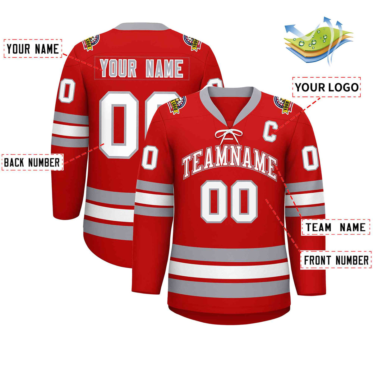Custom Red White-Gray Lace-Up Neck Hockey Jersey | KXKSHOP