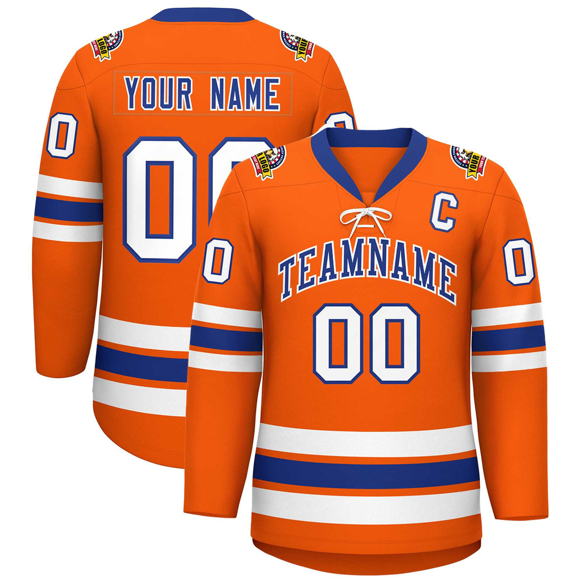Custom Orange Royal-White Lace-Up Neck Hockey Jersey | KXKSHOP