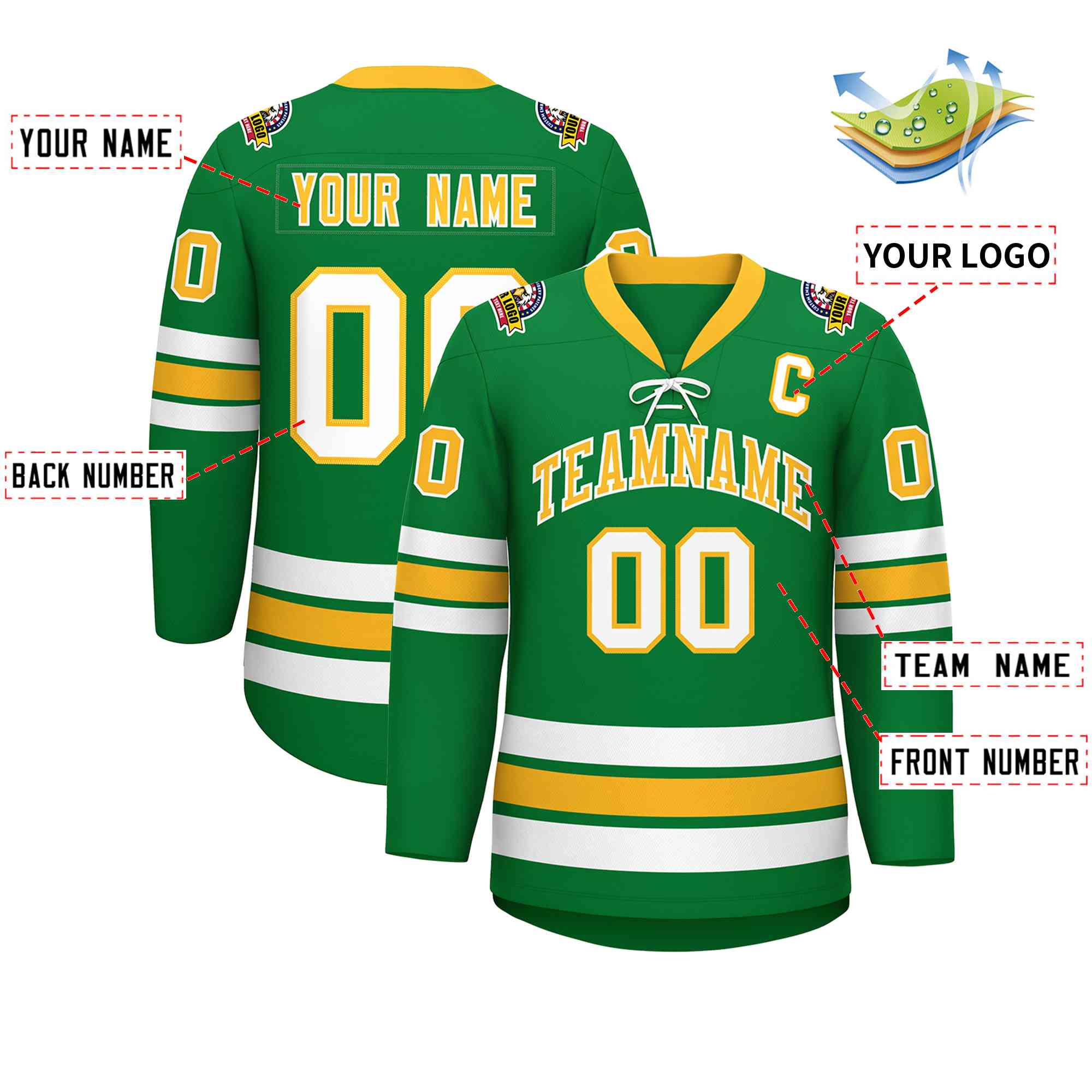 Custom Kelly Green Yellow-White Lace-Up Neck Hockey Jersey | KXKSHOP