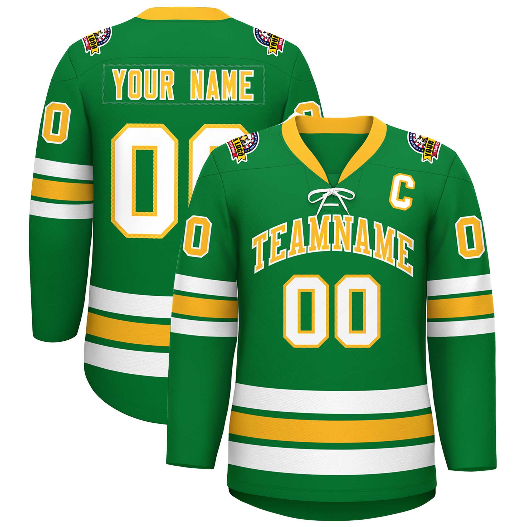 Custom Kelly Green Yellow-White Lace-Up Neck Hockey Jersey | KXKSHOP