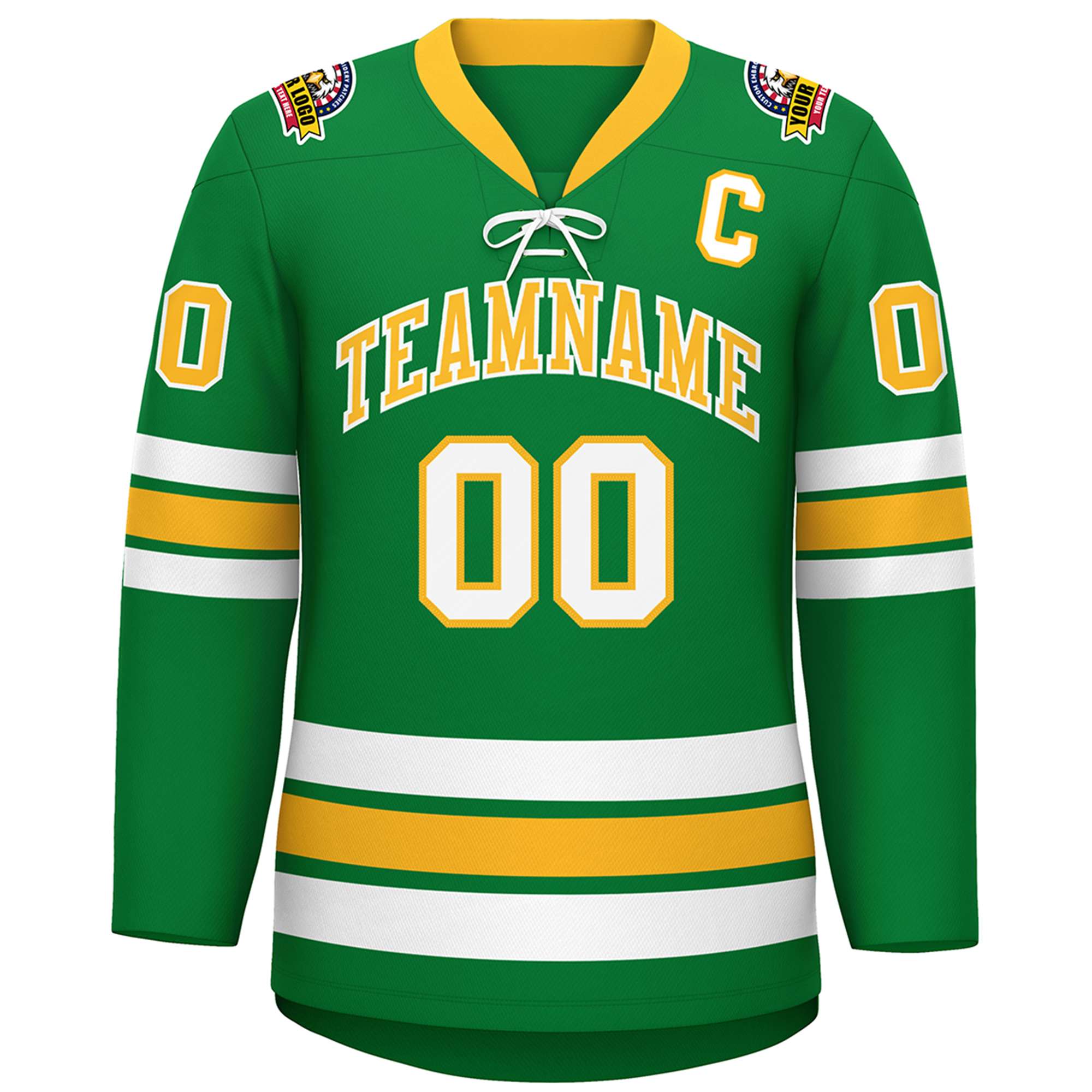 Custom Kelly Green Yellow-White Lace-Up Neck Hockey Jersey | KXKSHOP