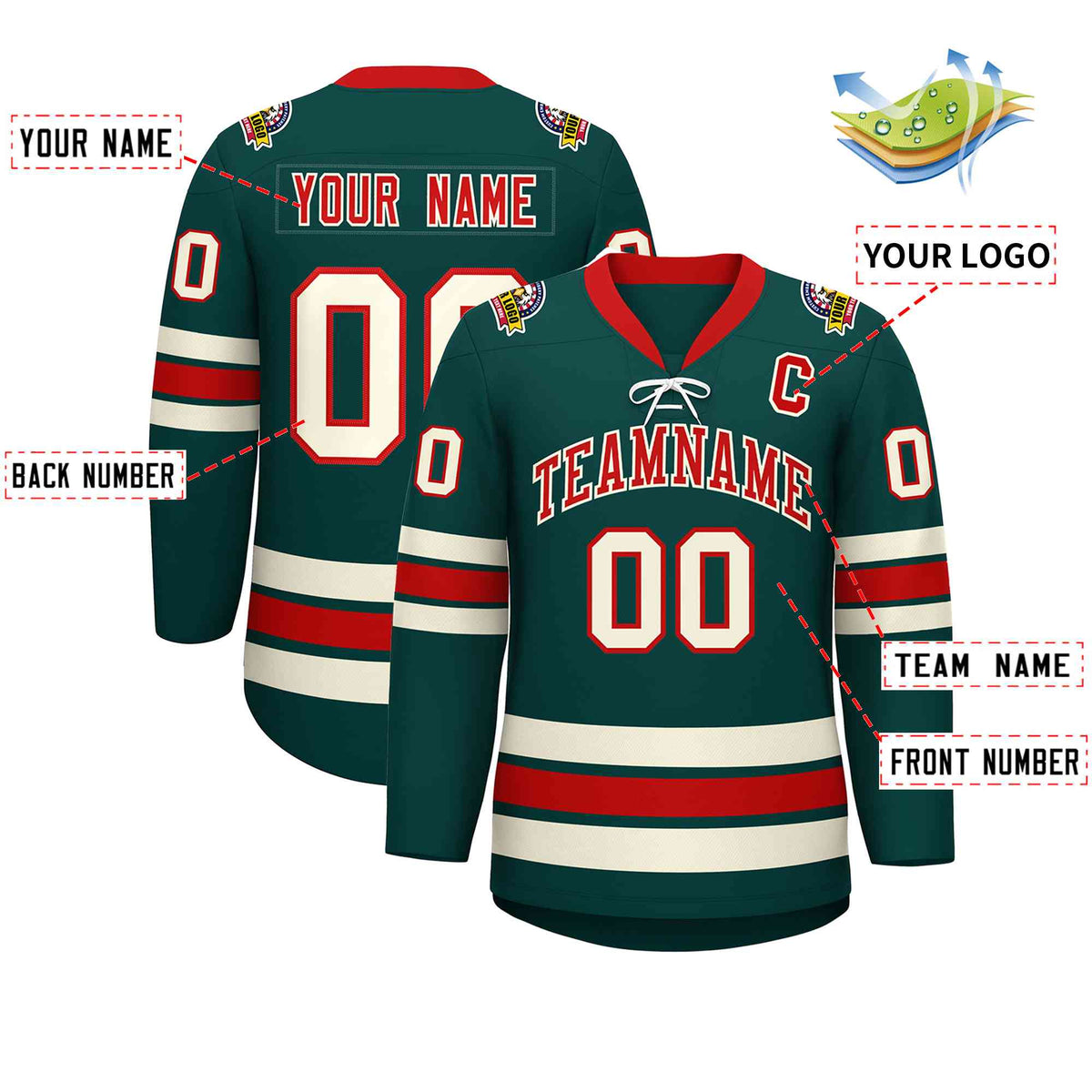 Custom Midnight Green Red-Cream Lace-Up Neck Hockey Jersey | KXKSHOP