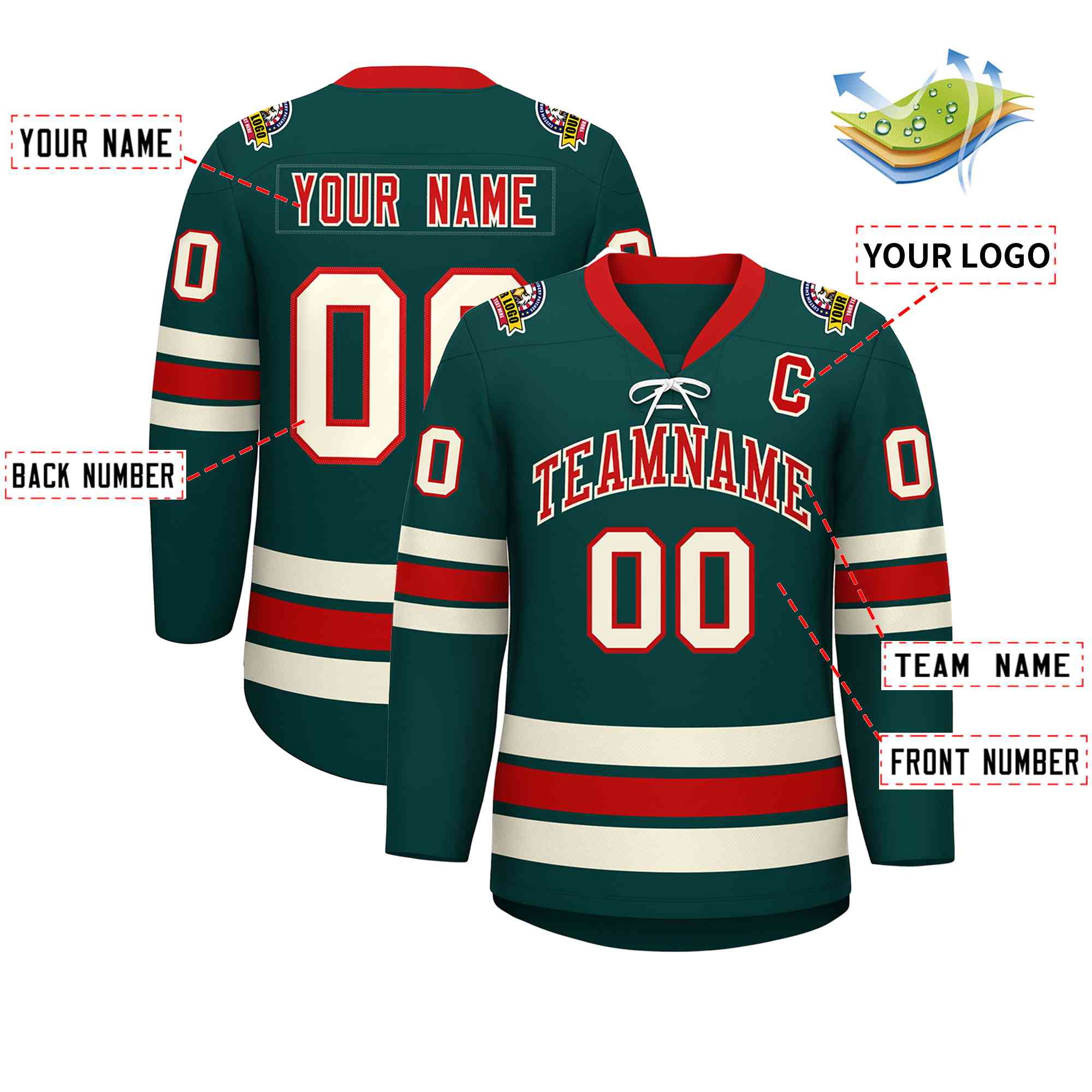 Custom Midnight Green Red-Cream Lace-Up Neck Hockey Jersey | KXKSHOP