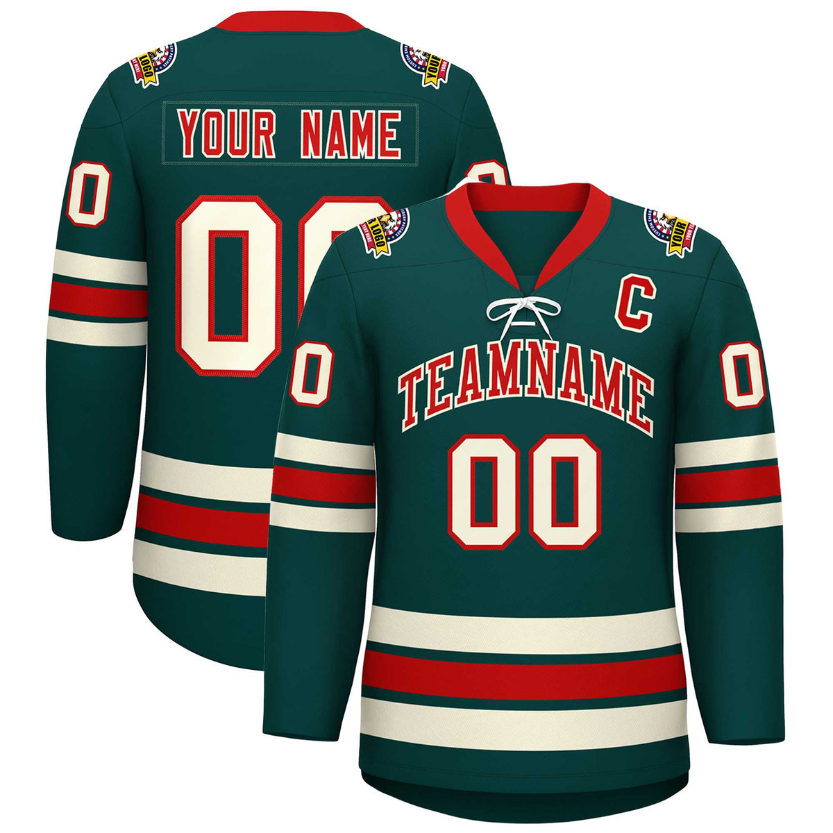 Custom Midnight Green Red-Cream Lace-Up Neck Hockey Jersey | KXKSHOP