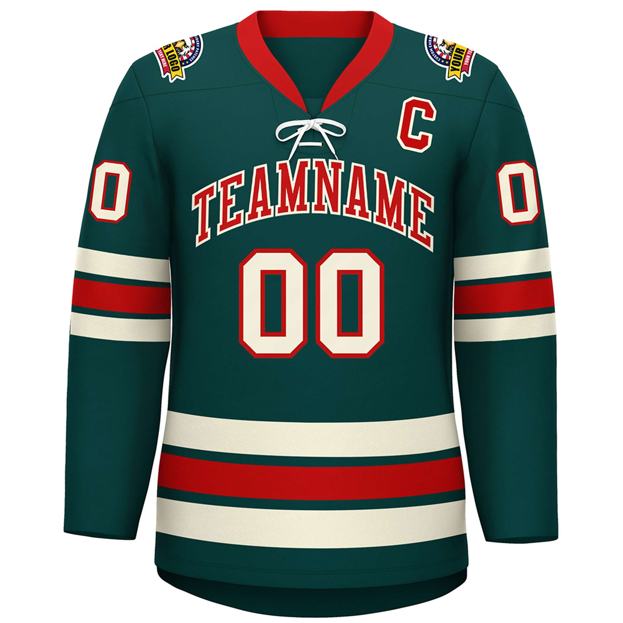 Custom Midnight Green Red-Cream Lace-Up Neck Hockey Jersey | KXKSHOP