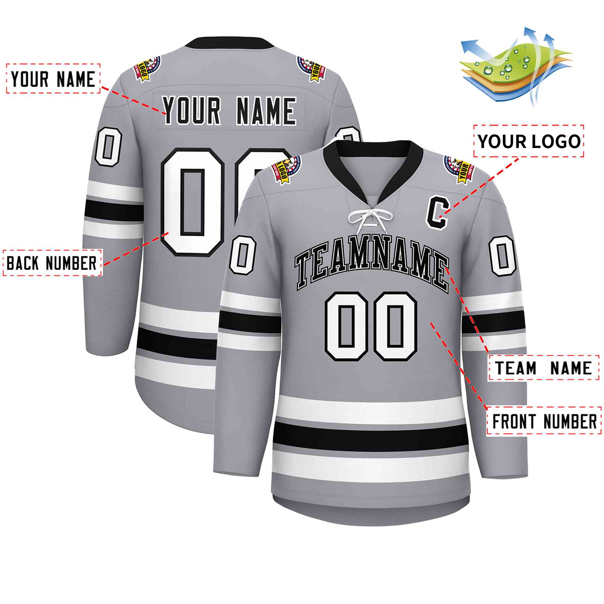 Custom Gray Black-White Lace-Up Neck Hockey Jersey | KXKSHOP