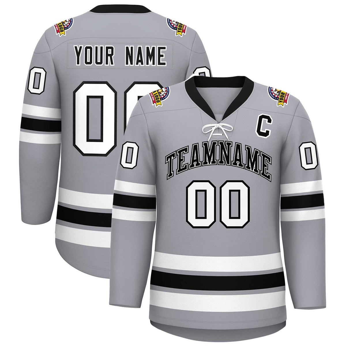 Custom Gray Black-White Lace-Up Neck Hockey Jersey | KXKSHOP