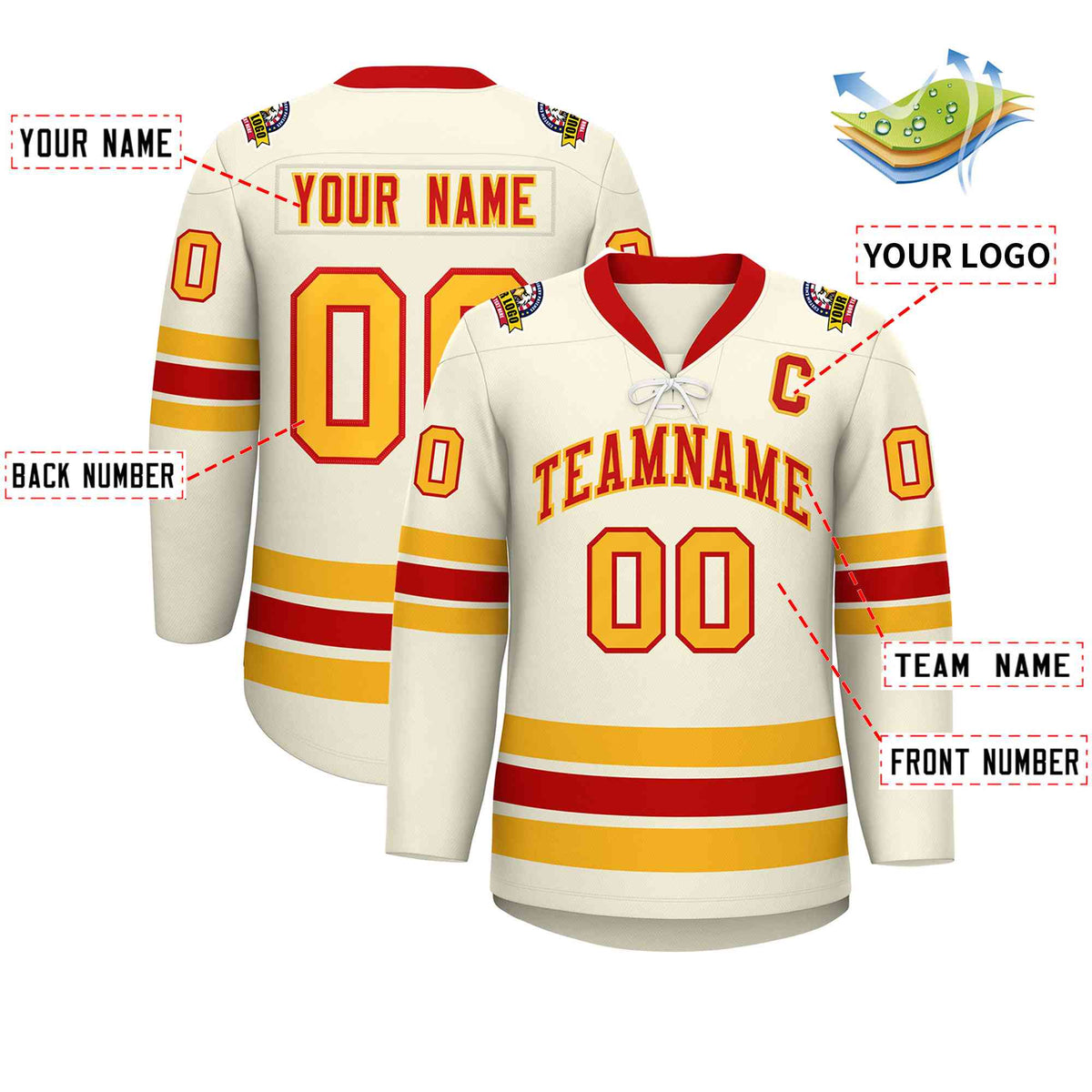 Custom Cream Red-Yellow Lace-Up Neck Hockey Jersey | KXKSHOP