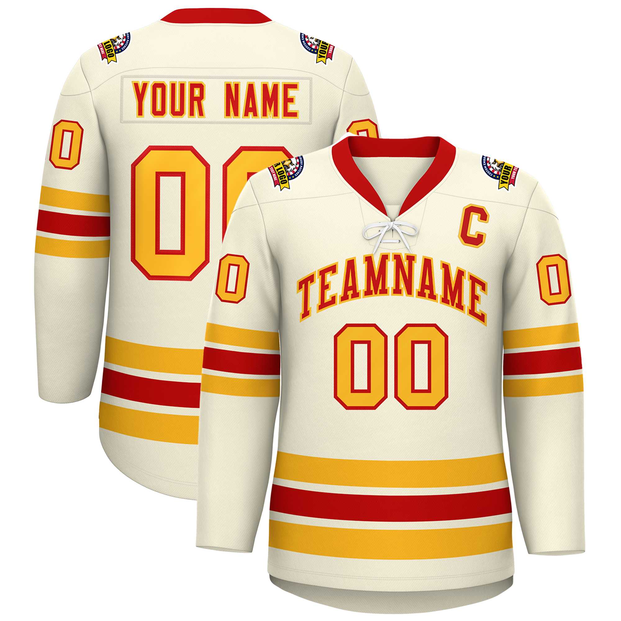 Custom Cream Red-Yellow Lace-Up Neck Hockey Jersey | KXKSHOP
