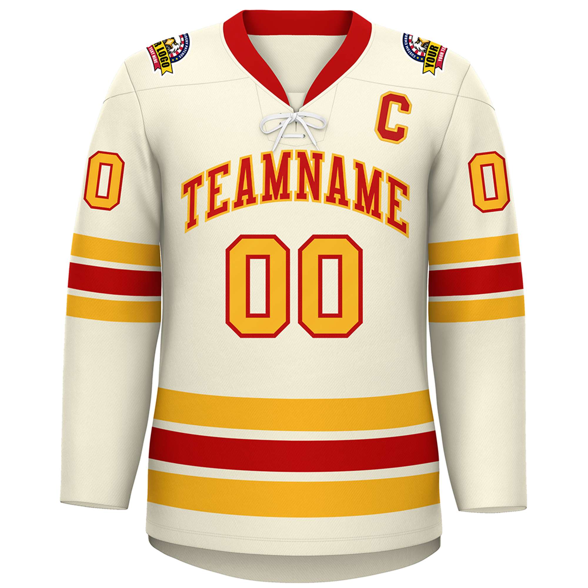 Custom Cream Red-Yellow Lace-Up Neck Hockey Jersey | KXKSHOP