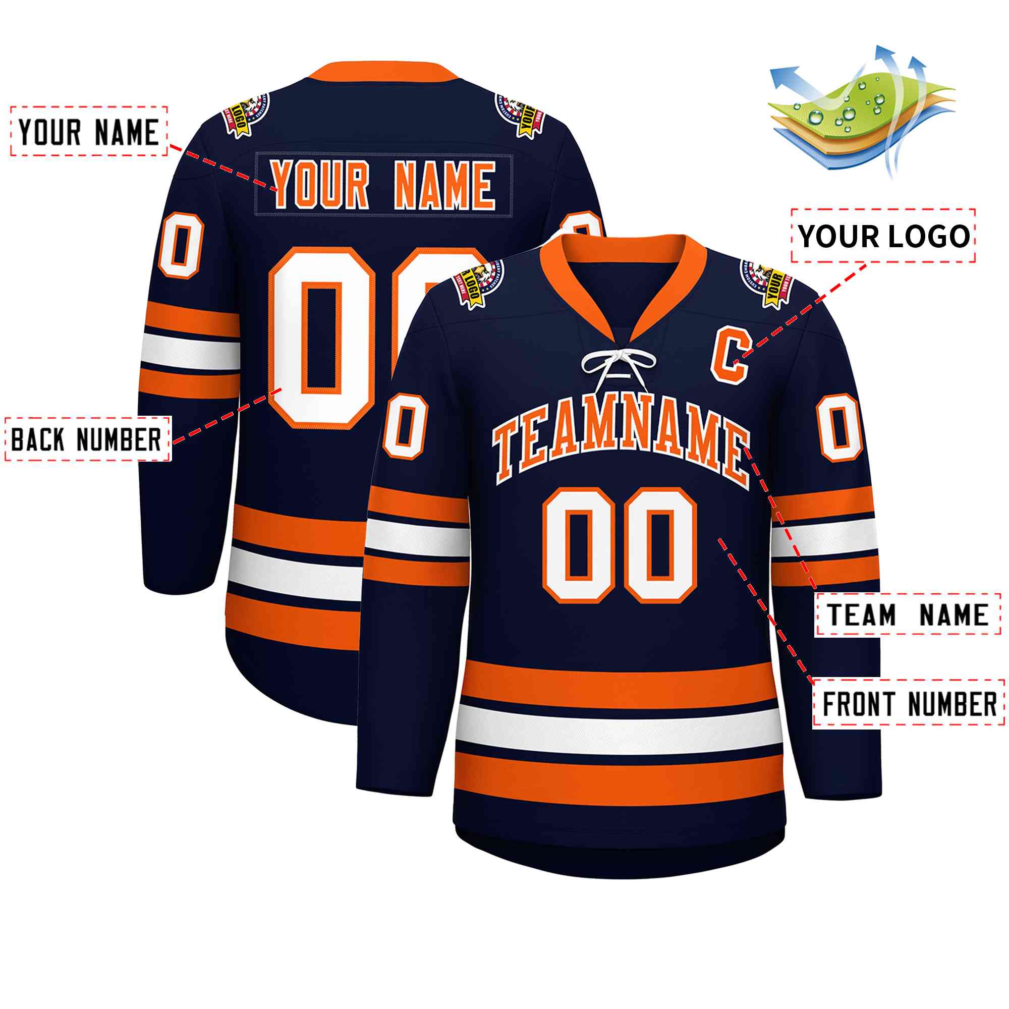 Custom Navy Orange-White Lace-Up Neck Hockey Jersey | KXKSHOP
