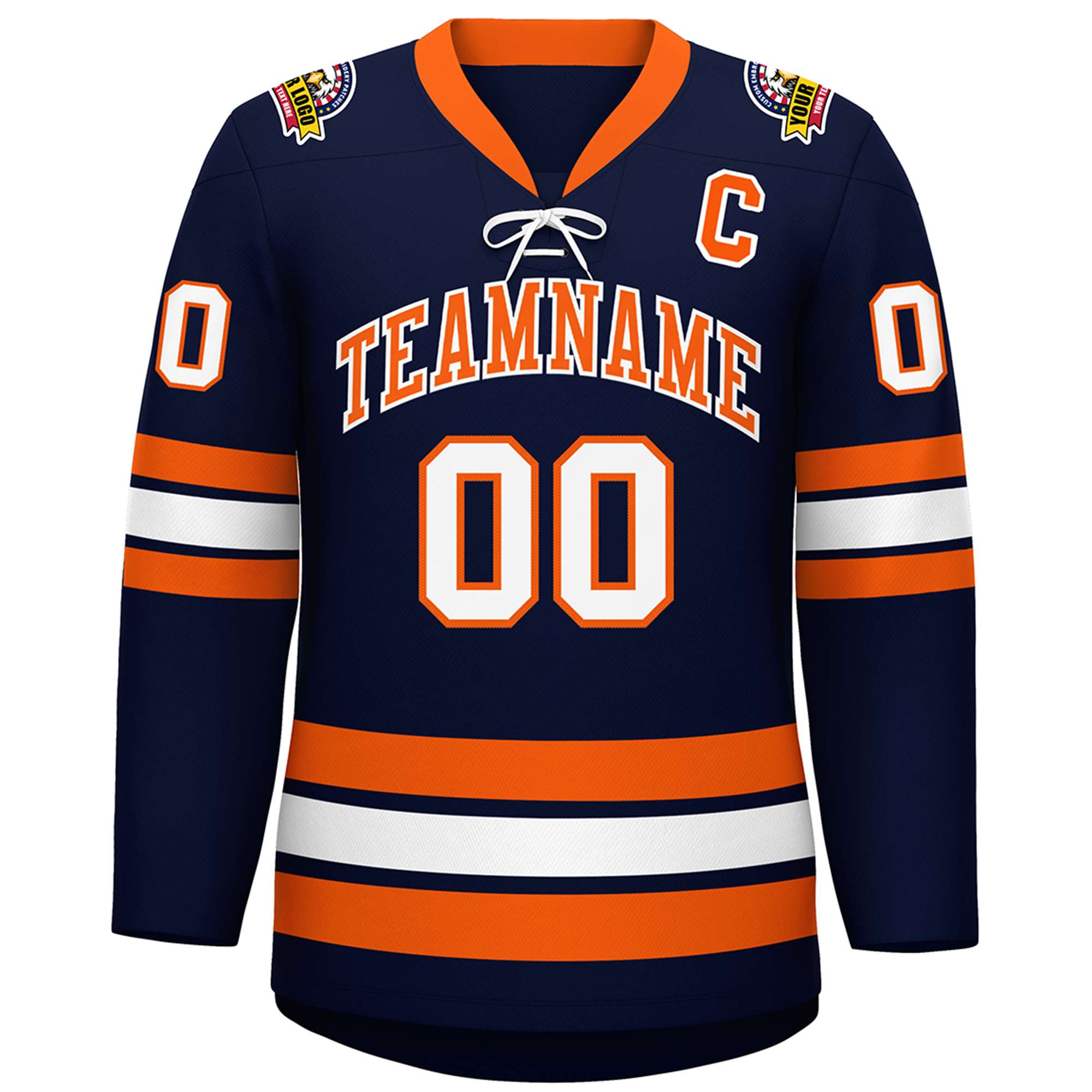 Custom Navy Orange-White Lace-Up Neck Hockey Jersey | KXKSHOP