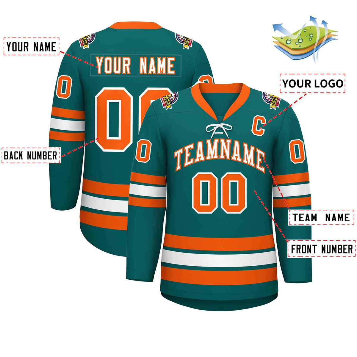 Custom Aqua White-Orange Lace-Up Neck Hockey Jersey | KXKSHOP