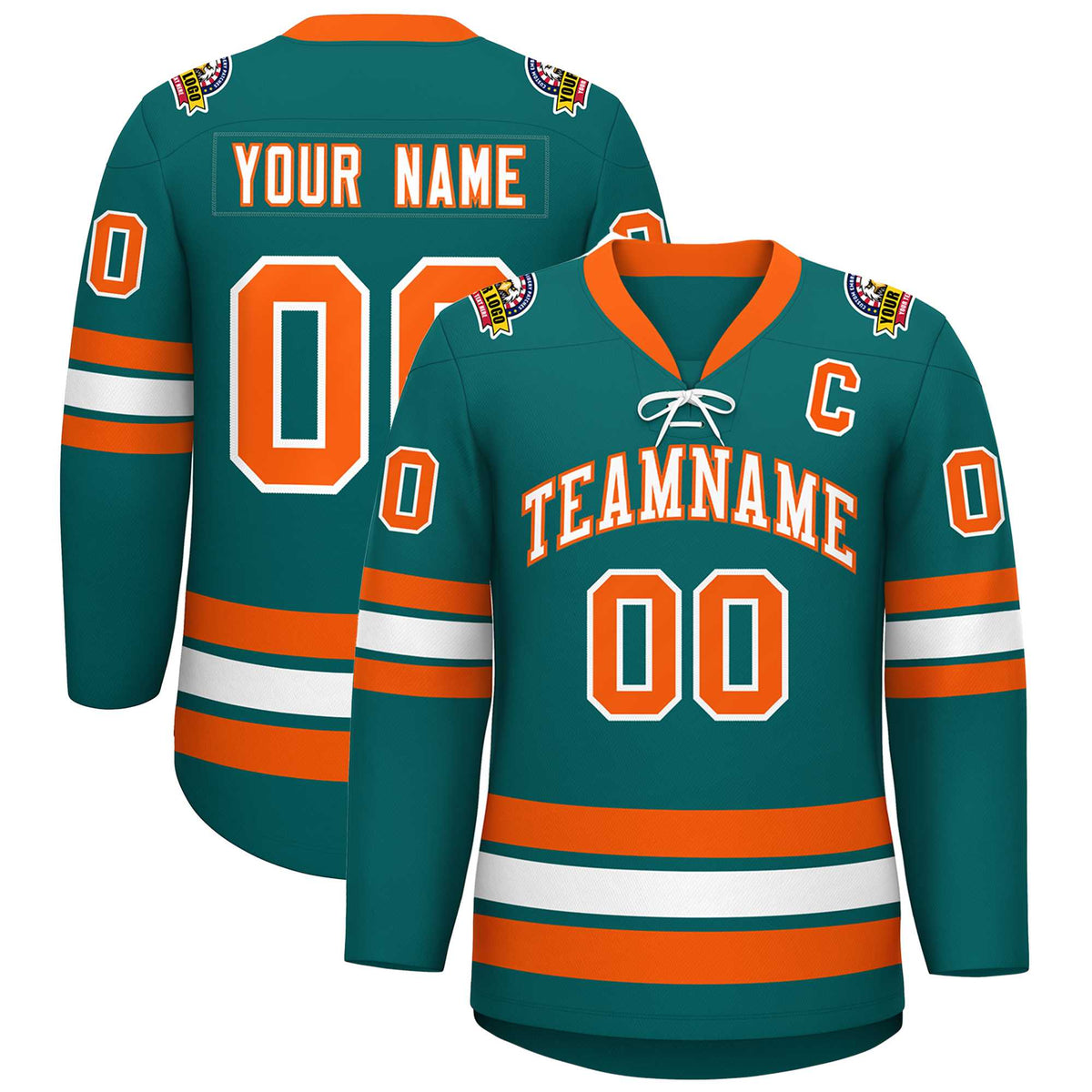 Custom Aqua White-Orange Lace-Up Neck Hockey Jersey | KXKSHOP