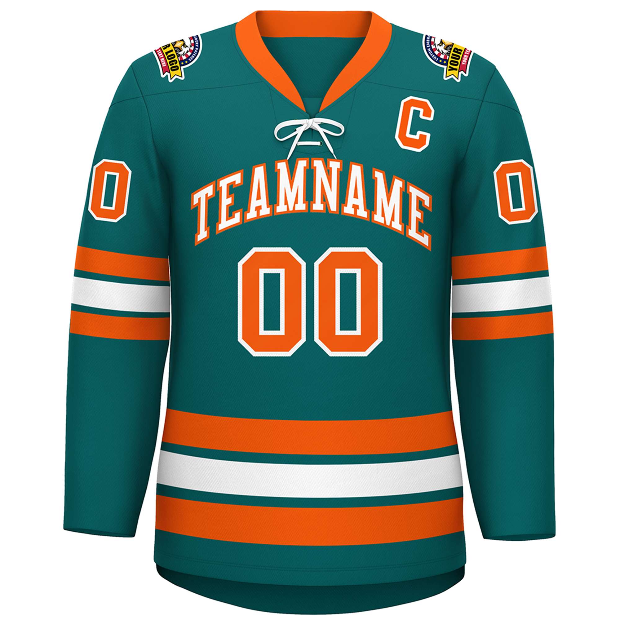 Custom Aqua White-Orange Lace-Up Neck Hockey Jersey | KXKSHOP