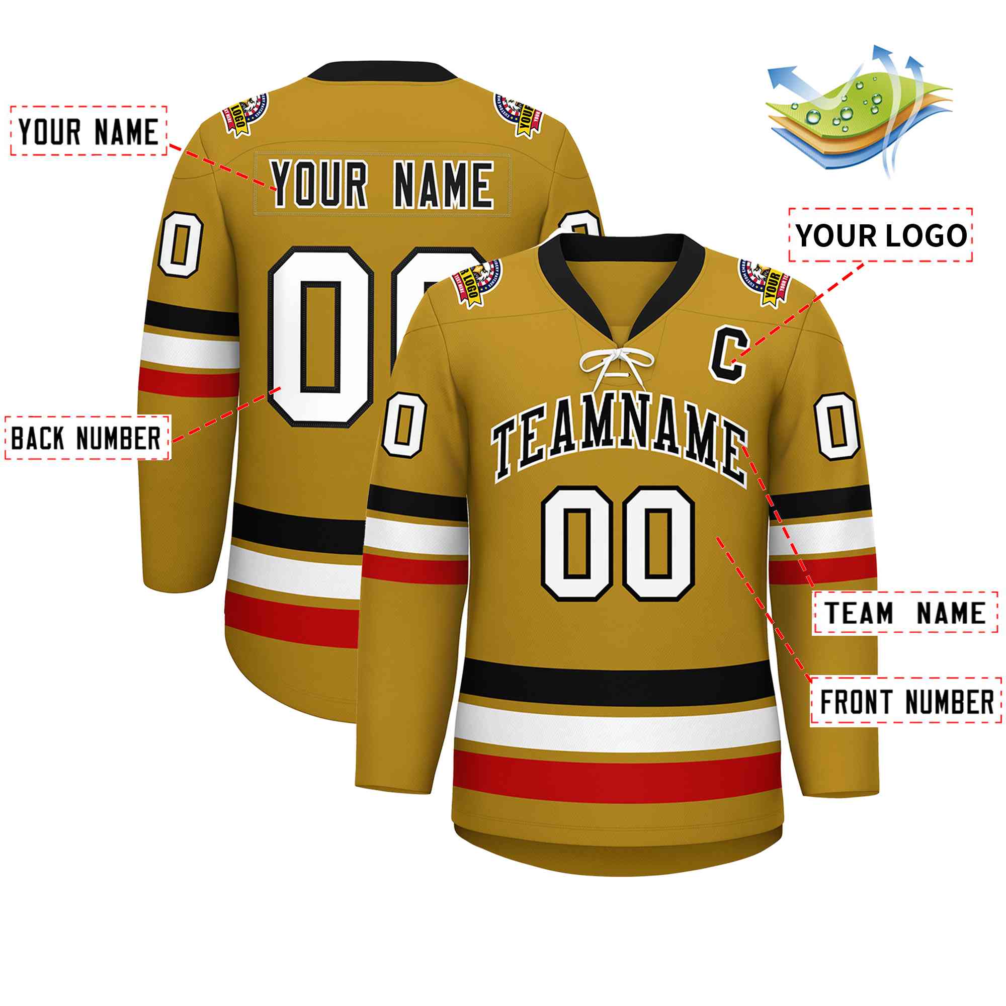 Custom Old Gold Black-White Lace-Up Neck Hockey Jersey | KXKSHOP
