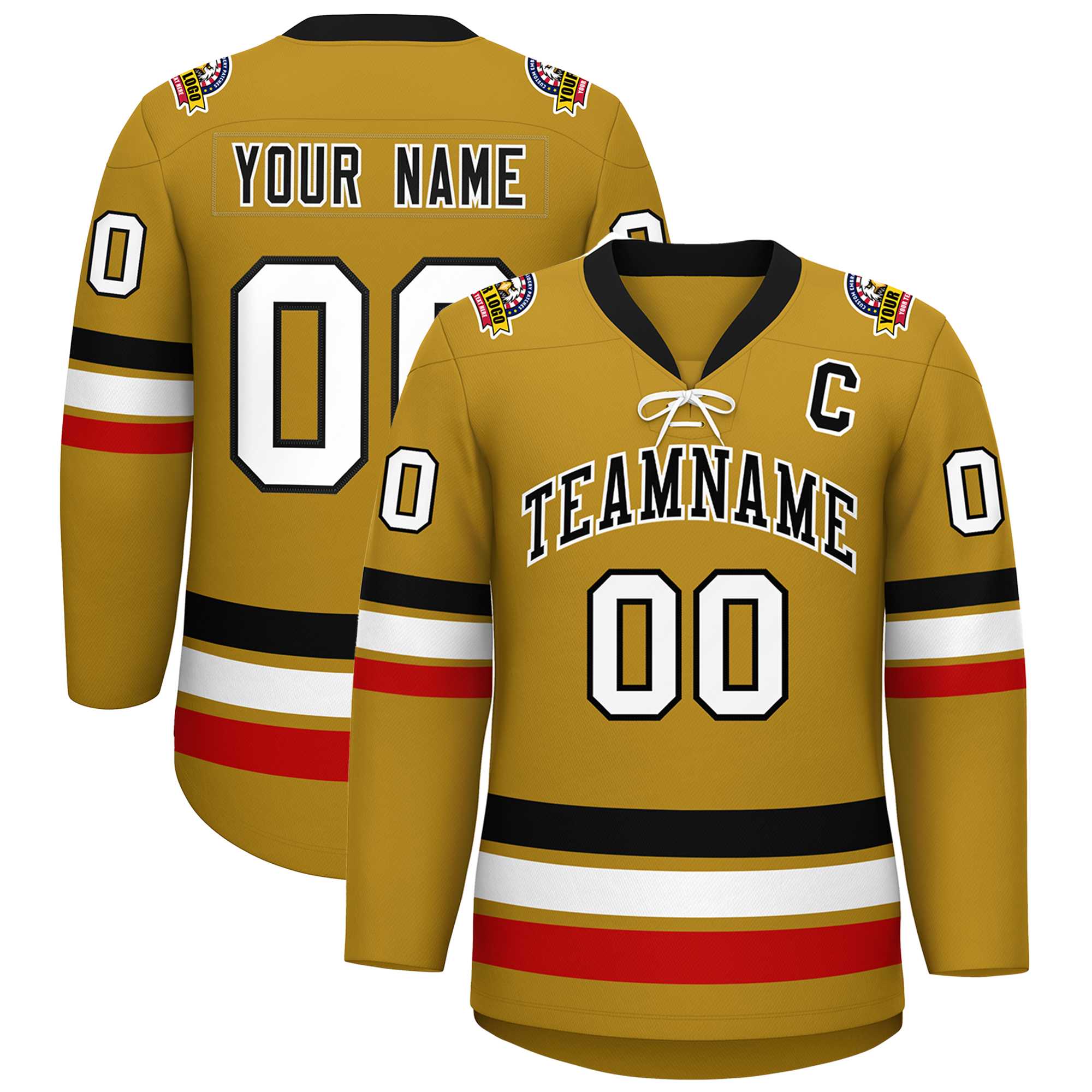 Custom Old Gold Black-White Lace-Up Neck Hockey Jersey | KXKSHOP