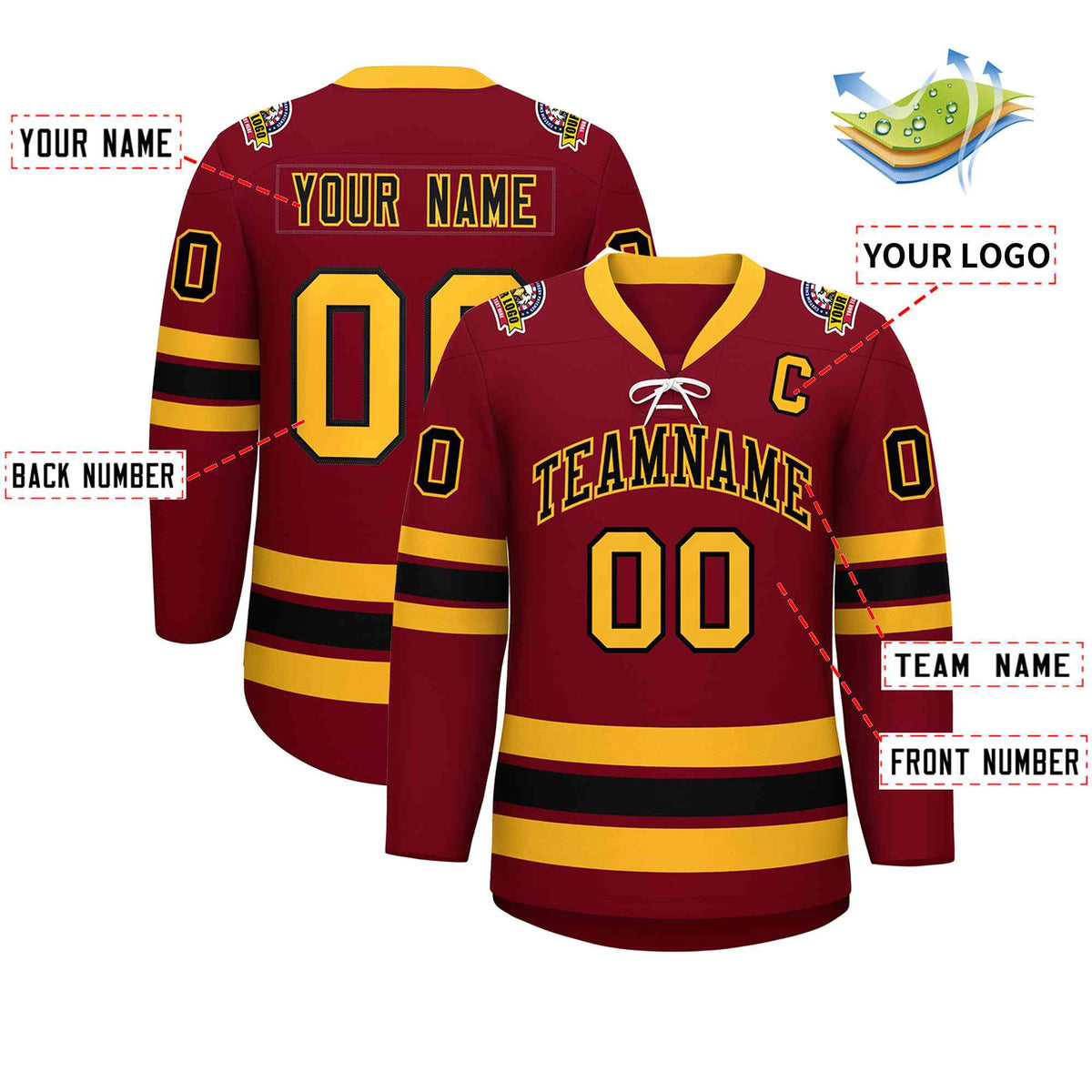 Custom Crimson Black-Yellow Lace-Up Neck Hockey Jersey | KXKSHOP