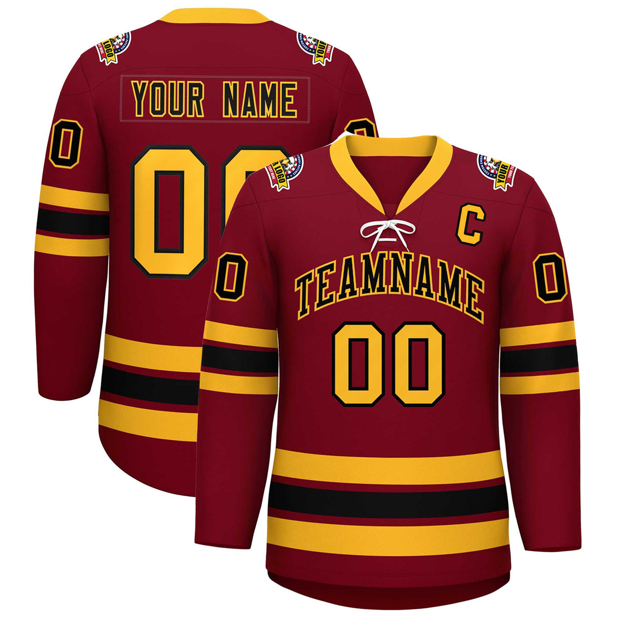 Custom Crimson Black-Yellow Lace-Up Neck Hockey Jersey | KXKSHOP