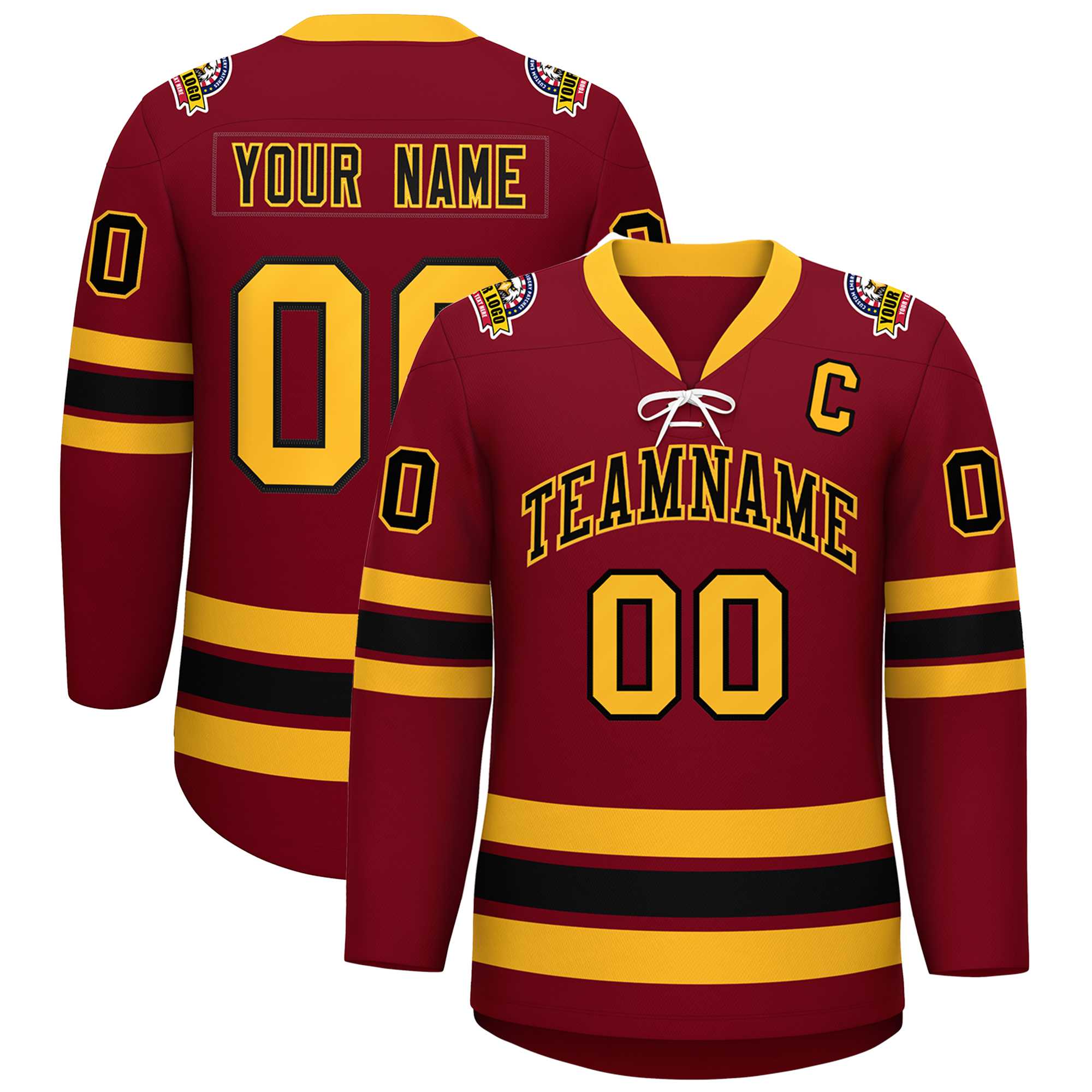 Custom Crimson Black-Yellow Lace-Up Neck Hockey Jersey | KXKSHOP