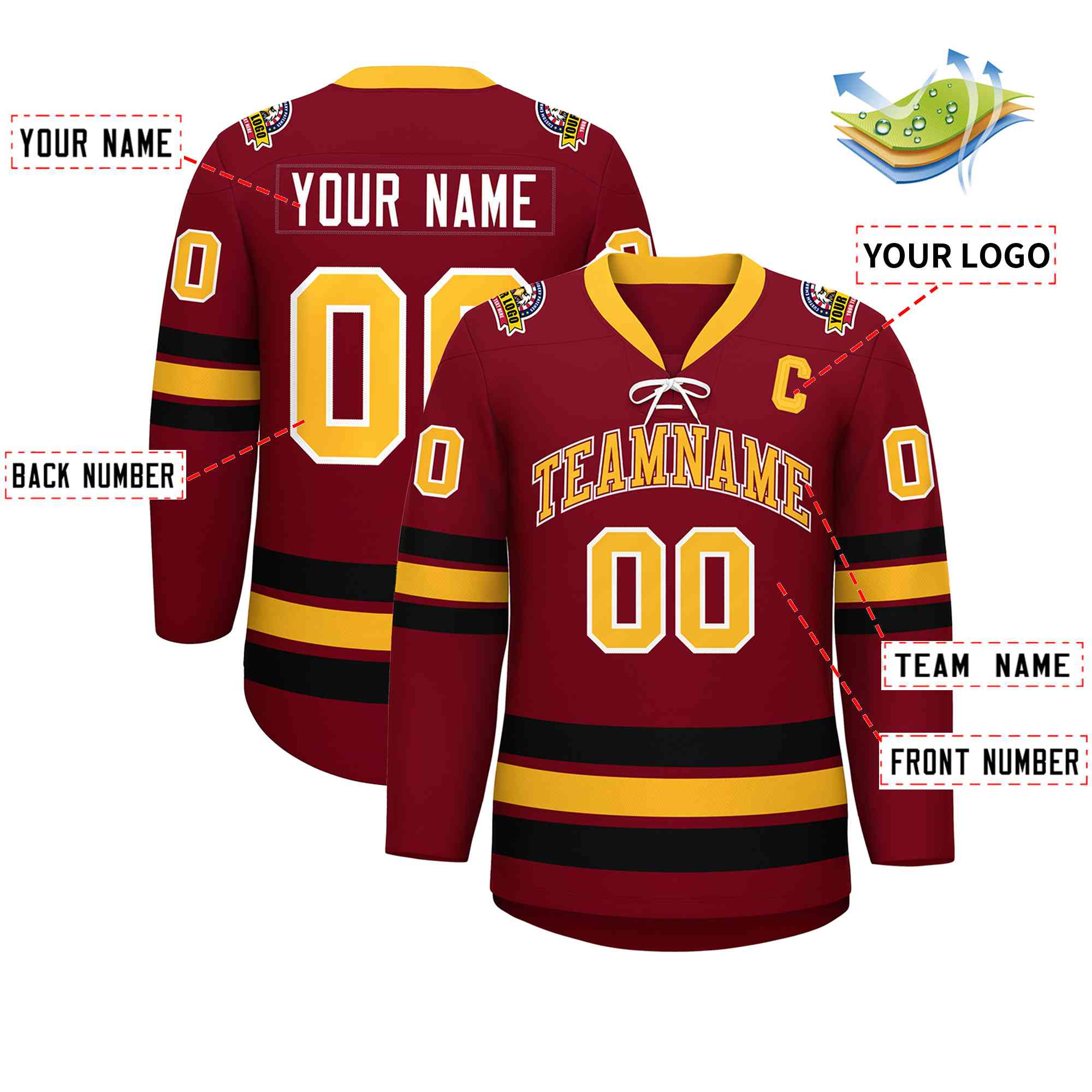 Custom Crimson Yellow-Black Lace-Up Neck Hockey Jersey | KXKSHOP