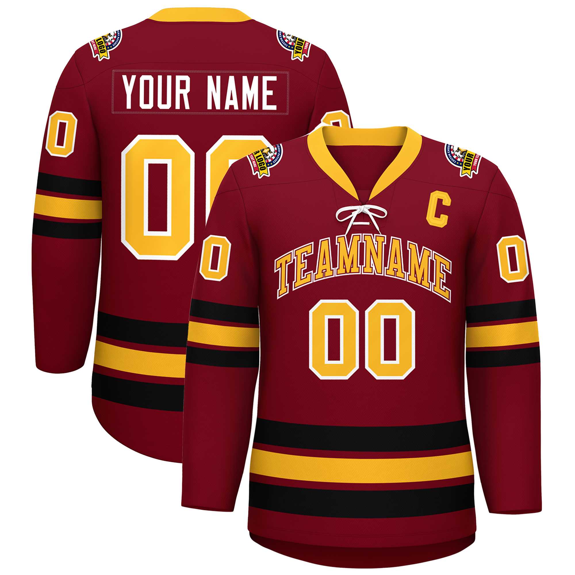 Custom Crimson Yellow-Black Lace-Up Neck Hockey Jersey | KXKSHOP