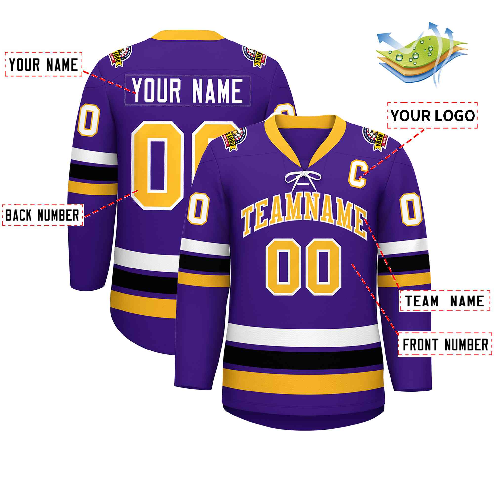 Custom Purple Yellow-White Lace-Up Neck Hockey Jersey | KXKSHOP