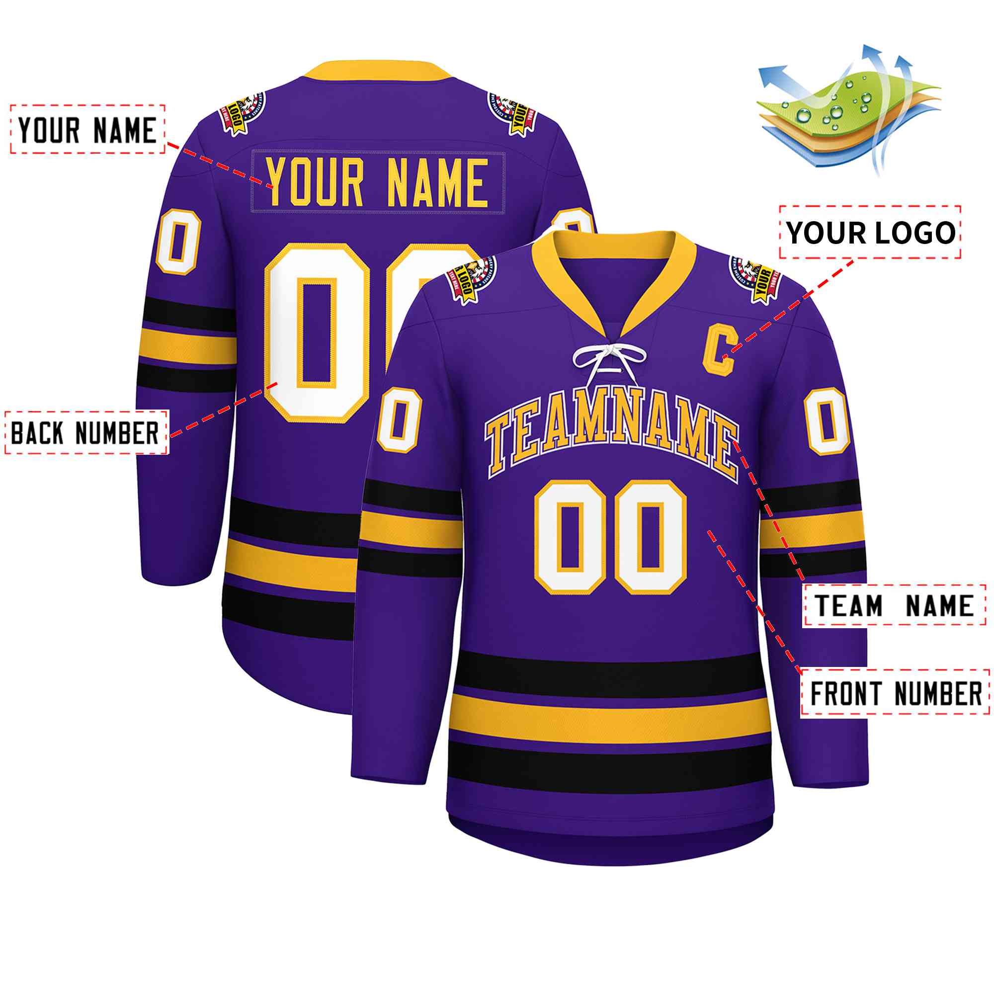 Custom Purple Yellow-Black Lace-Up Neck Hockey Jersey | KXKSHOP
