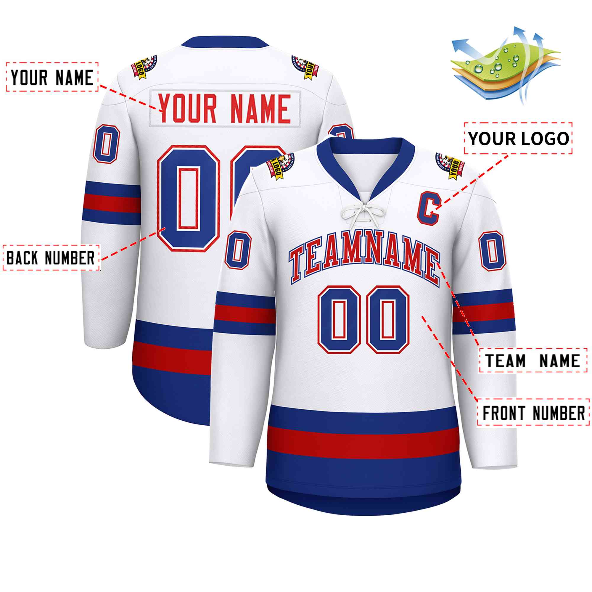Custom White Red-Royal Lace-Up Neck Hockey Jersey | KXKSHOP