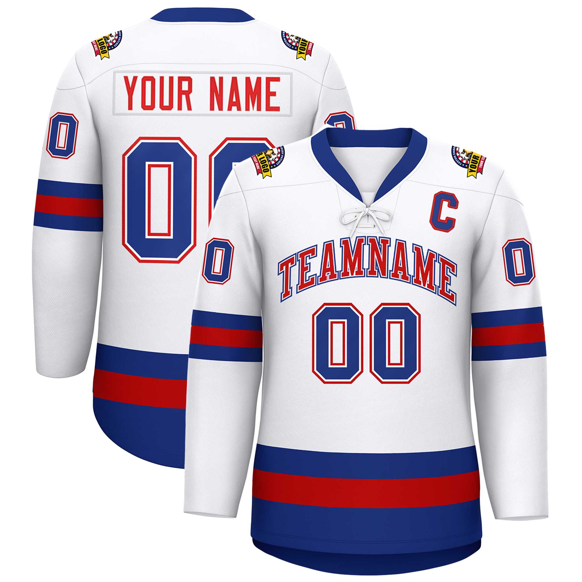 Custom White Red-Royal Lace-Up Neck Hockey Jersey | KXKSHOP