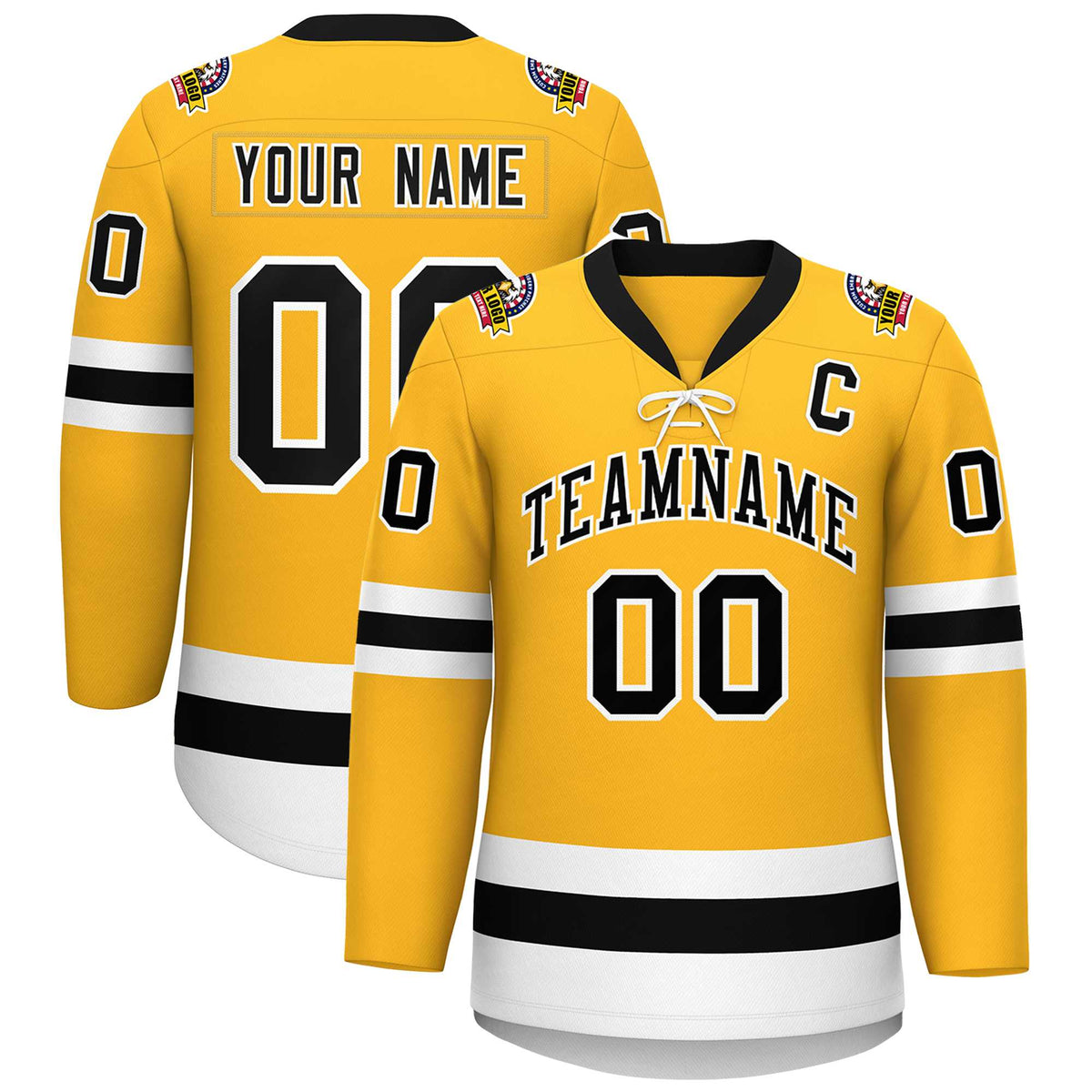 Custom Gold Black-White Lace-Up Neck Hockey Jersey | KXKSHOP