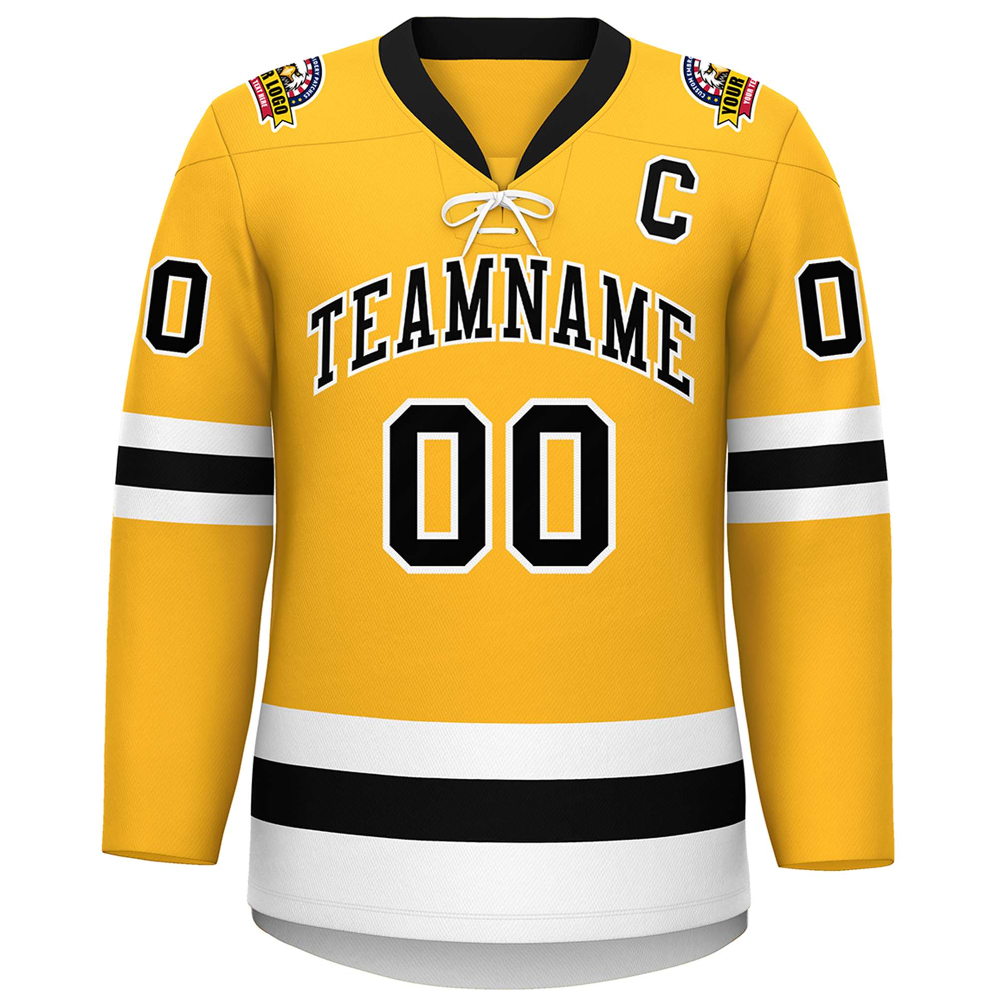 Custom Gold Black-White Lace-Up Neck Hockey Jersey | KXKSHOP