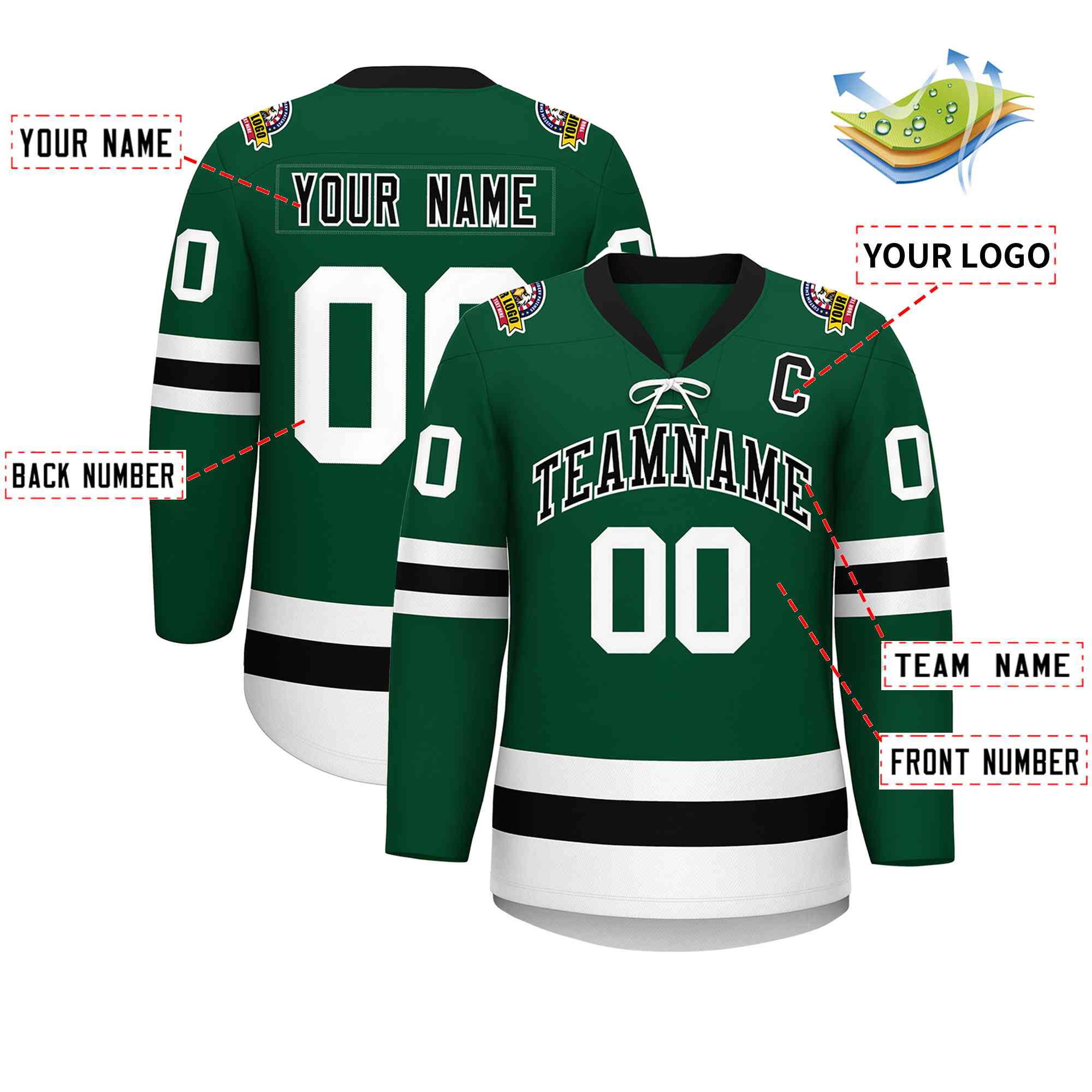 Custom Green Black-White Lace-Up Neck Hockey Jersey | KXKSHOP