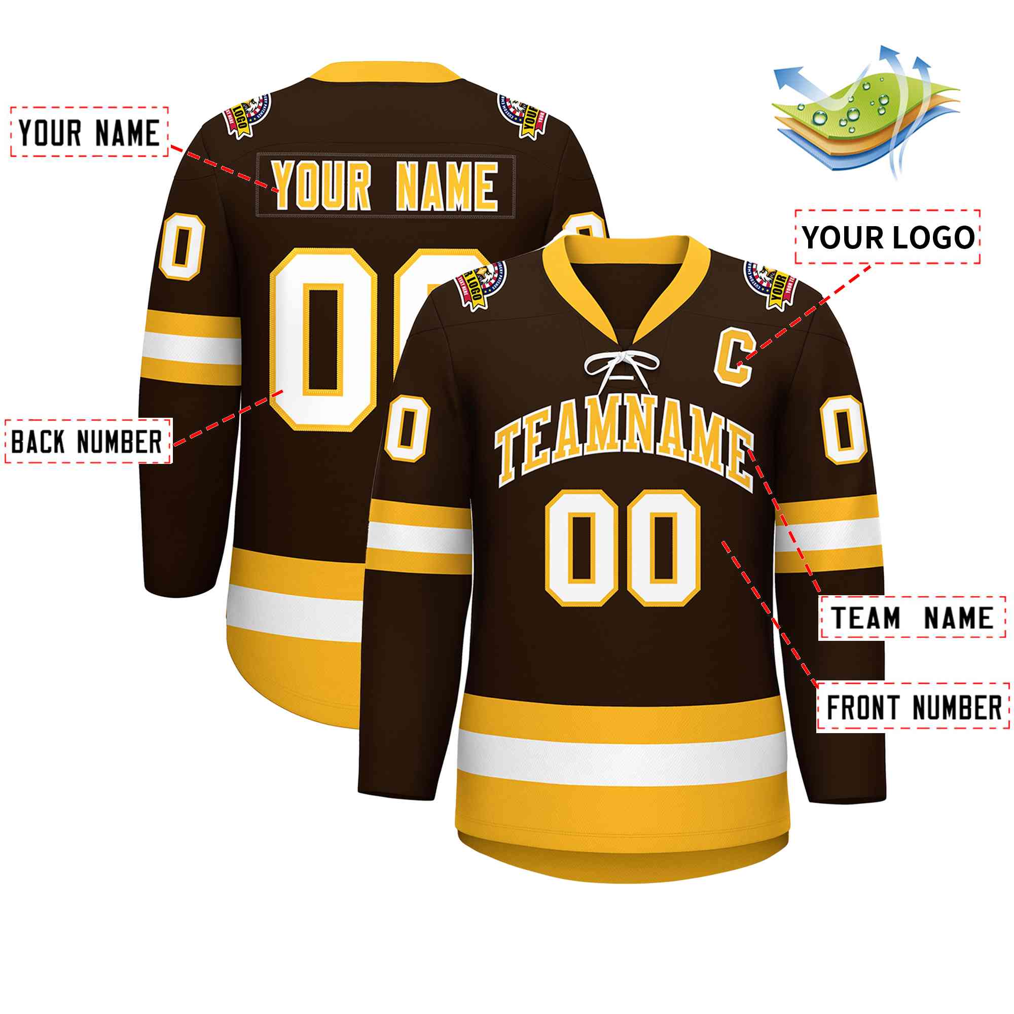 Custom Brown Gold-White Lace-Up Neck Hockey Jersey | KXKSHOP