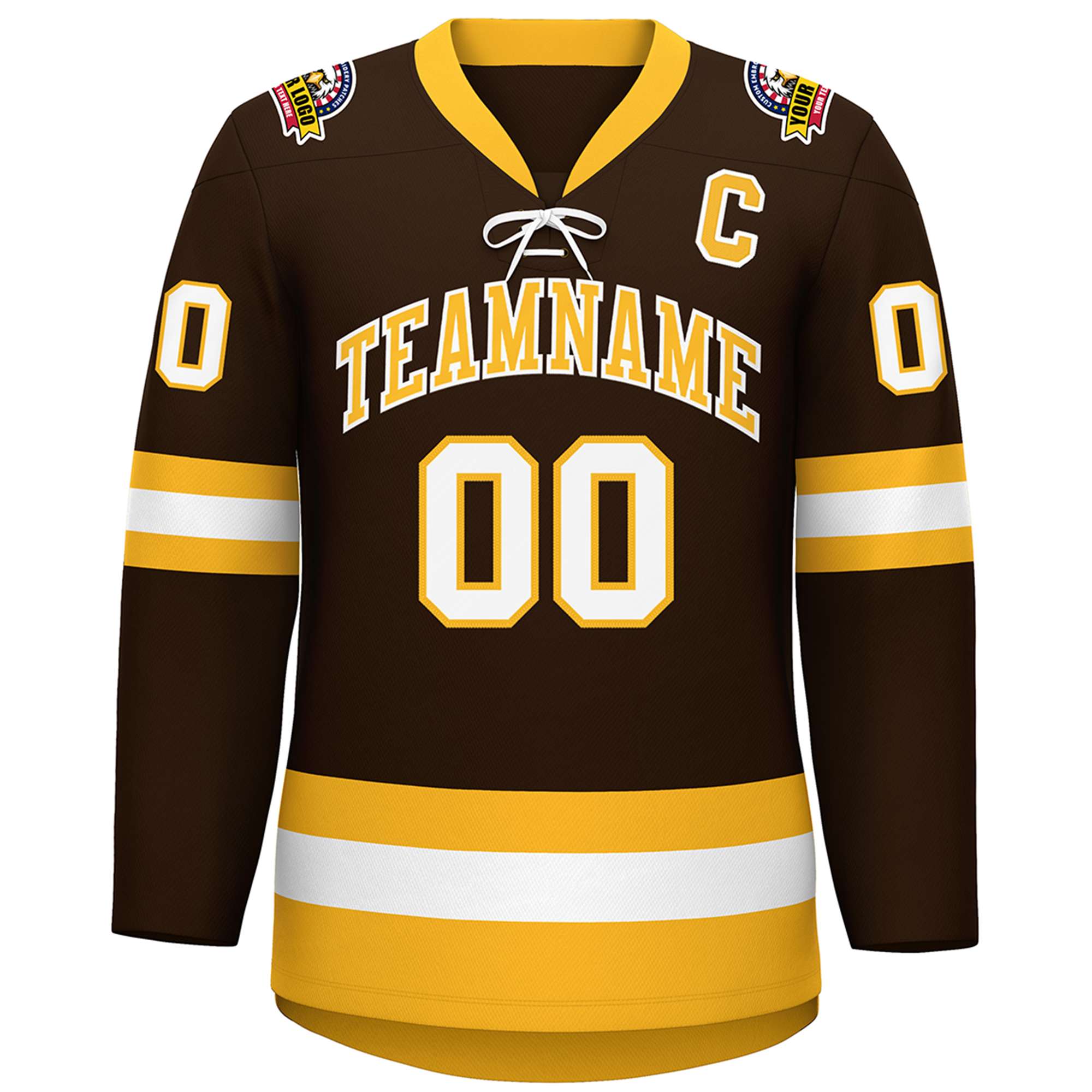 Custom Brown Gold-White Lace-Up Neck Hockey Jersey | KXKSHOP