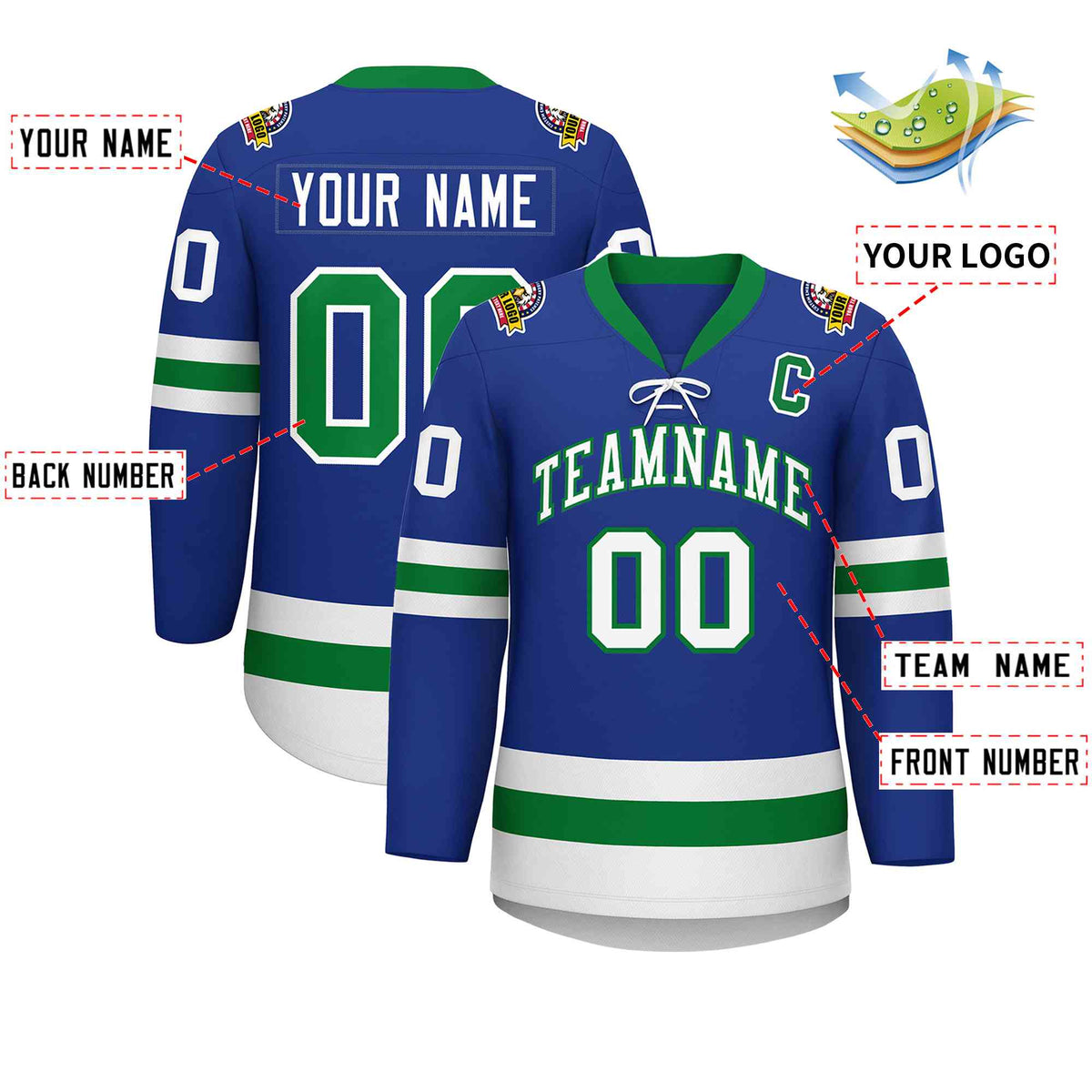 Custom Royal Kelly Green-White Lace-Up Neck Hockey Jersey | KXKSHOP