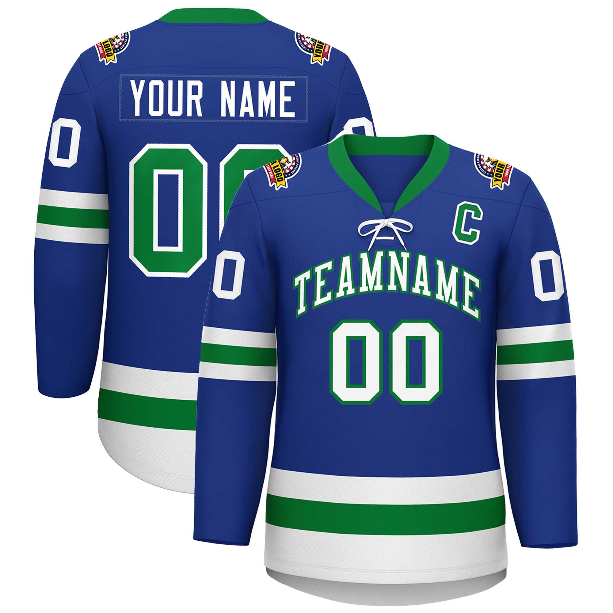 Custom Royal Kelly Green-White Lace-Up Neck Hockey Jersey | KXKSHOP