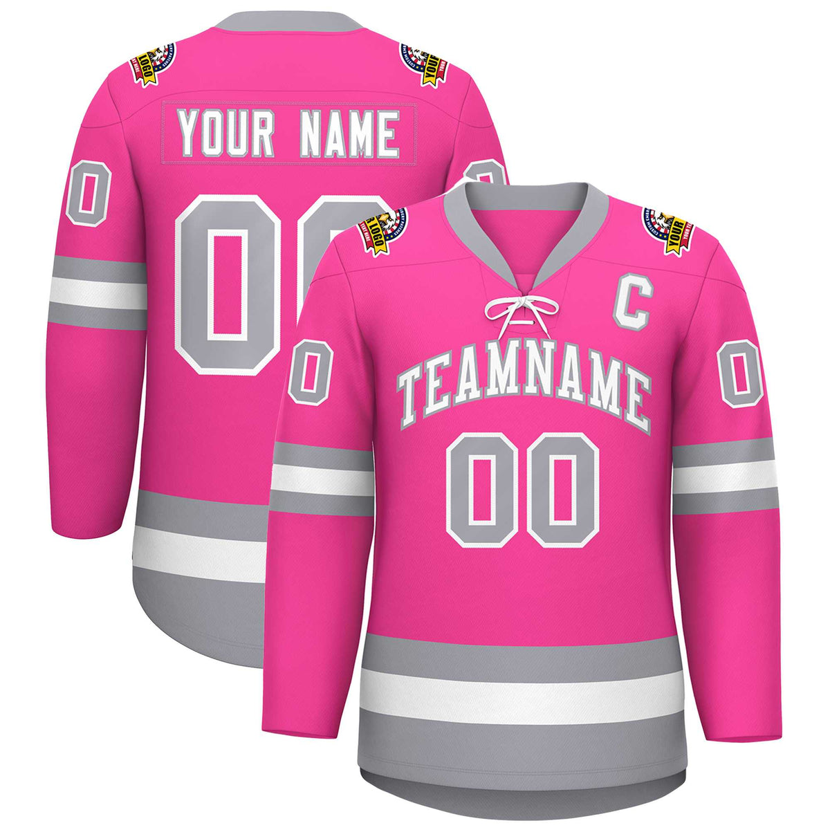 Custom Pink White-Gray Lace-Up Neck Hockey Jersey | KXKSHOP