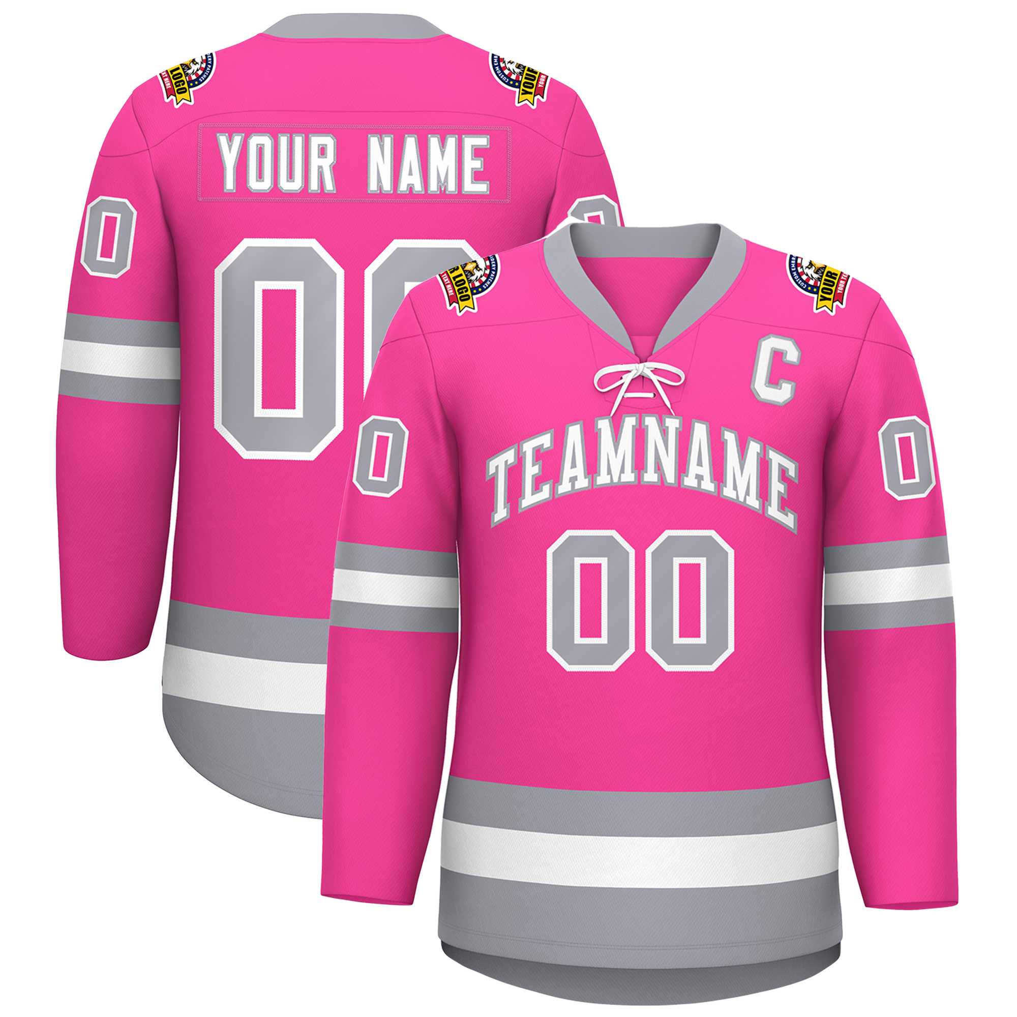 Custom Pink White-Gray Lace-Up Neck Hockey Jersey | KXKSHOP